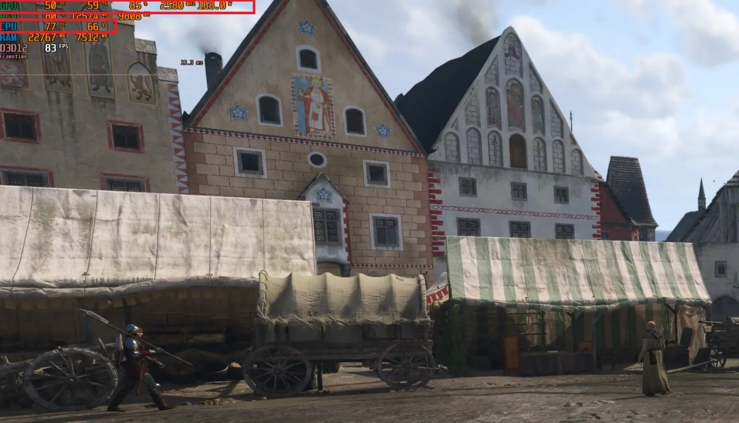 Ảnh chụp màn hình hiển thị các chỉ số hiệu suất trong game Kingdom Come: Deliverance II, cho thấy mức sử dụng GPU và CPU để nhận diện nghẽn cổ chai.