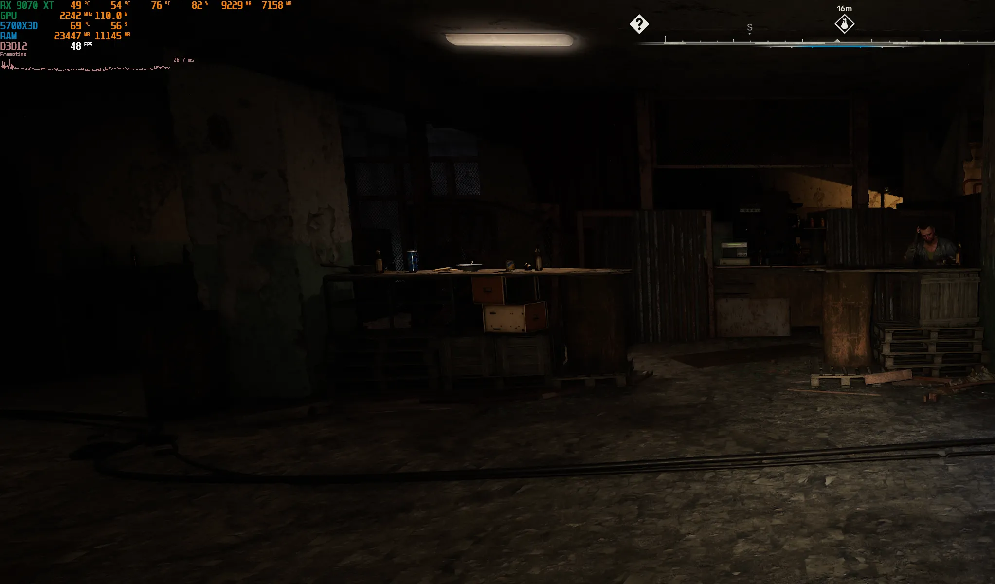 Ảnh chụp màn hình hiệu suất trong game S.T.A.L.K.E.R. 2 tại một khu định cư, cho thấy mức sử dụng GPU thấp và tình trạng nghẽn cổ chai CPU nghiêm trọng trong các tựa game nặng.