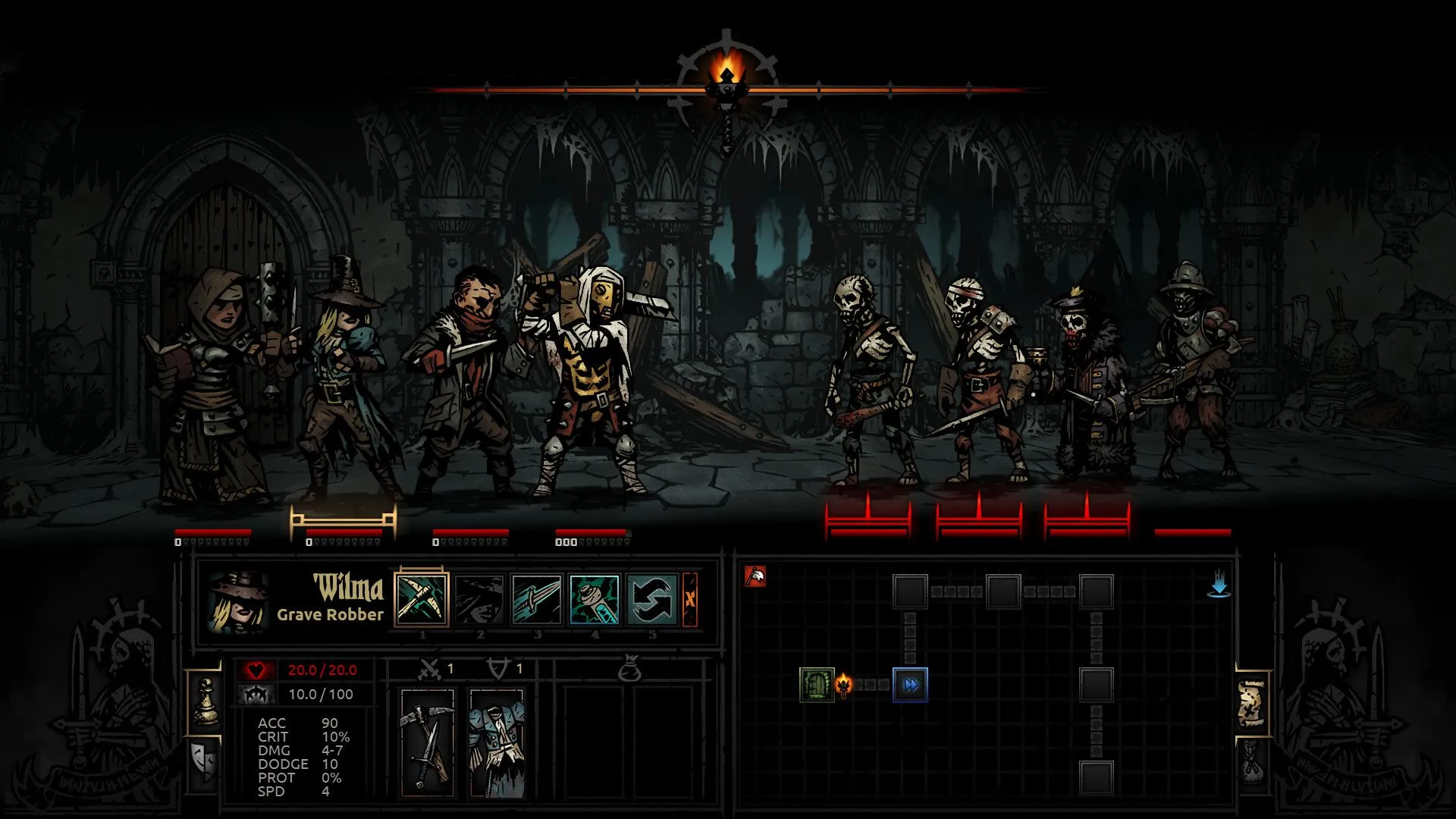 Ảnh chụp màn hình từ Darkest Dungeon, một tựa game nhập vai chiến thuật đầy thử thách.