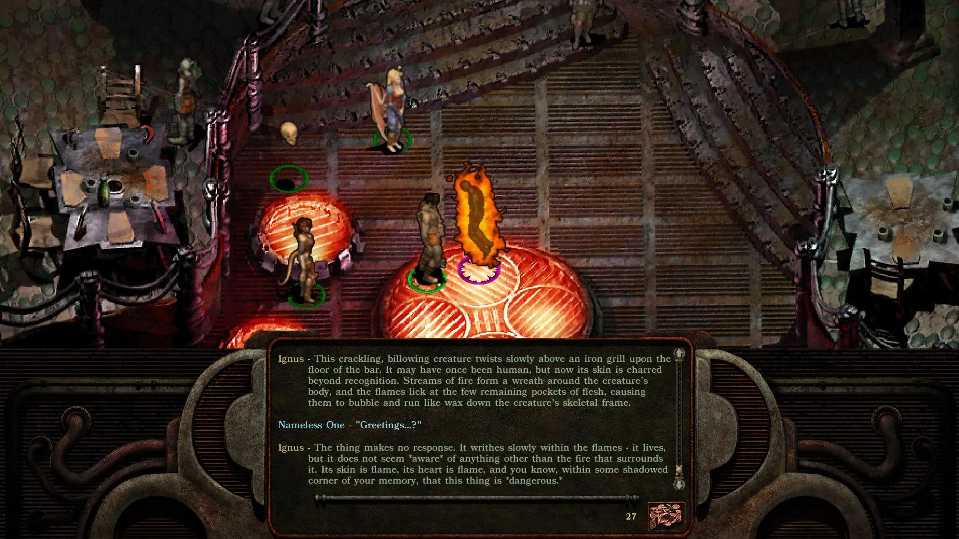 Ảnh chụp màn hình từ Planescape: Torment Enhanced Edition, thể hiện cốt truyện sâu sắc và lựa chọn đa dạng của thể loại CRPG