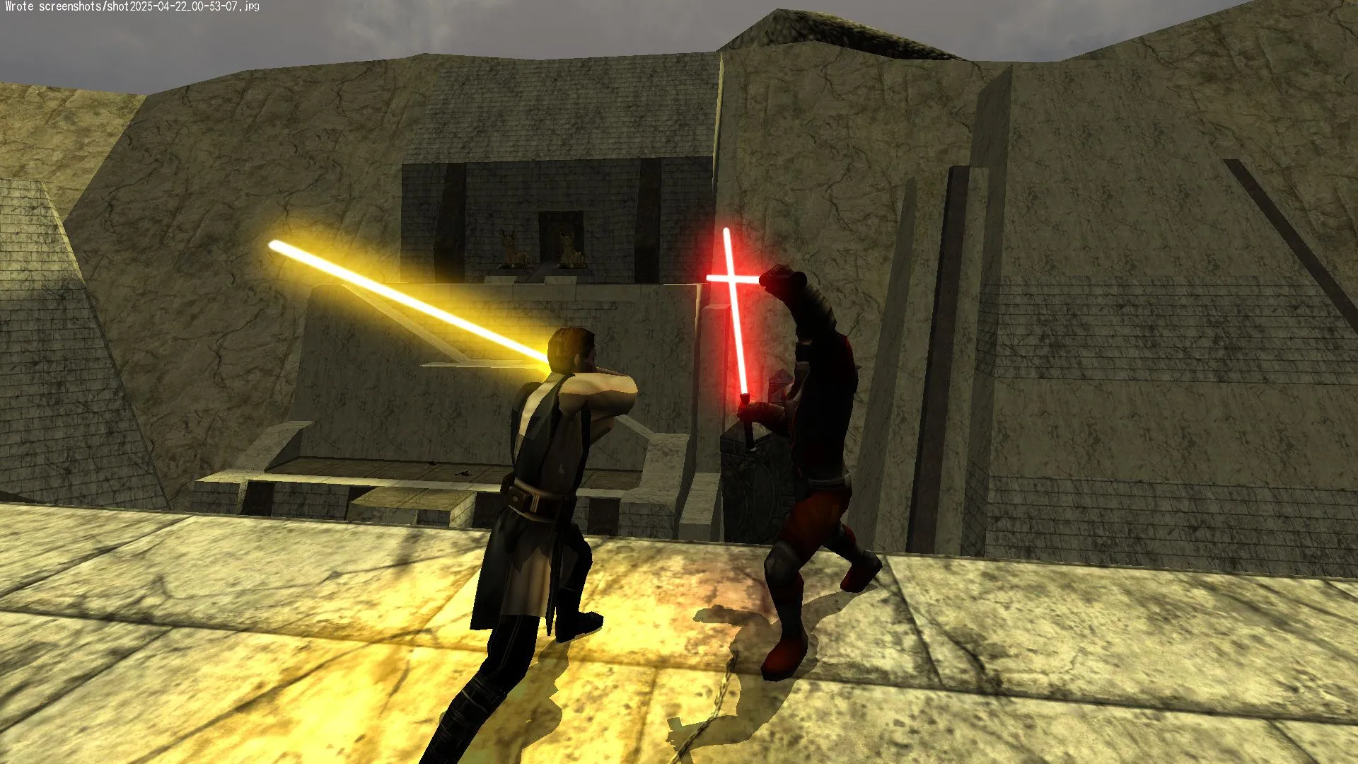 Ảnh chụp màn hình từ trò chơi Jedi Knight: Jedi Academy, minh họa khả năng chơi game cổ điển trên máy tính cũ