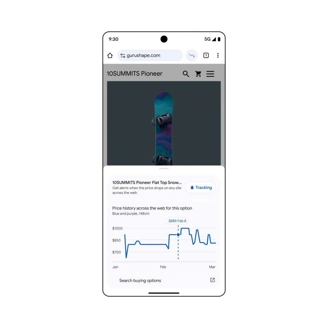 Ảnh minh họa tính năng theo dõi và so sánh giá sản phẩm trong trình duyệt Chrome trên điện thoại Android