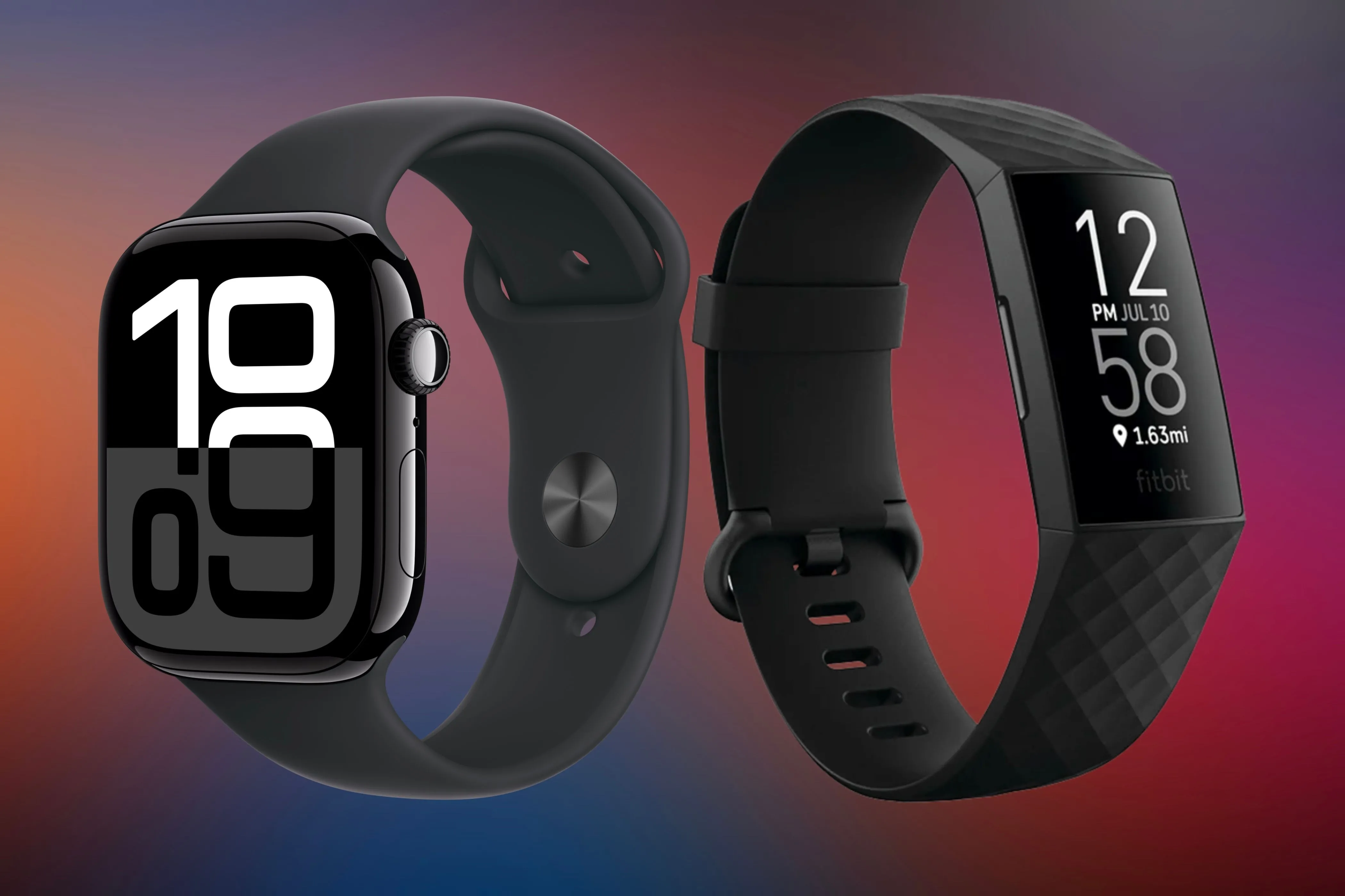 Apple Watch và Fitbit trước phông nền đầy màu sắc