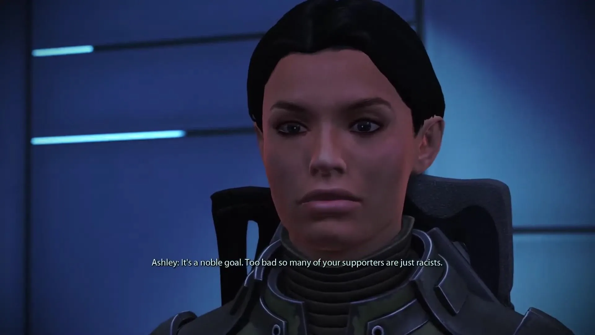 Ashley Williams trong Mass Effect, nhân vật phát triển tính cách đáng kể tùy thuộc vào lựa chọn lãng mạn của người chơi.