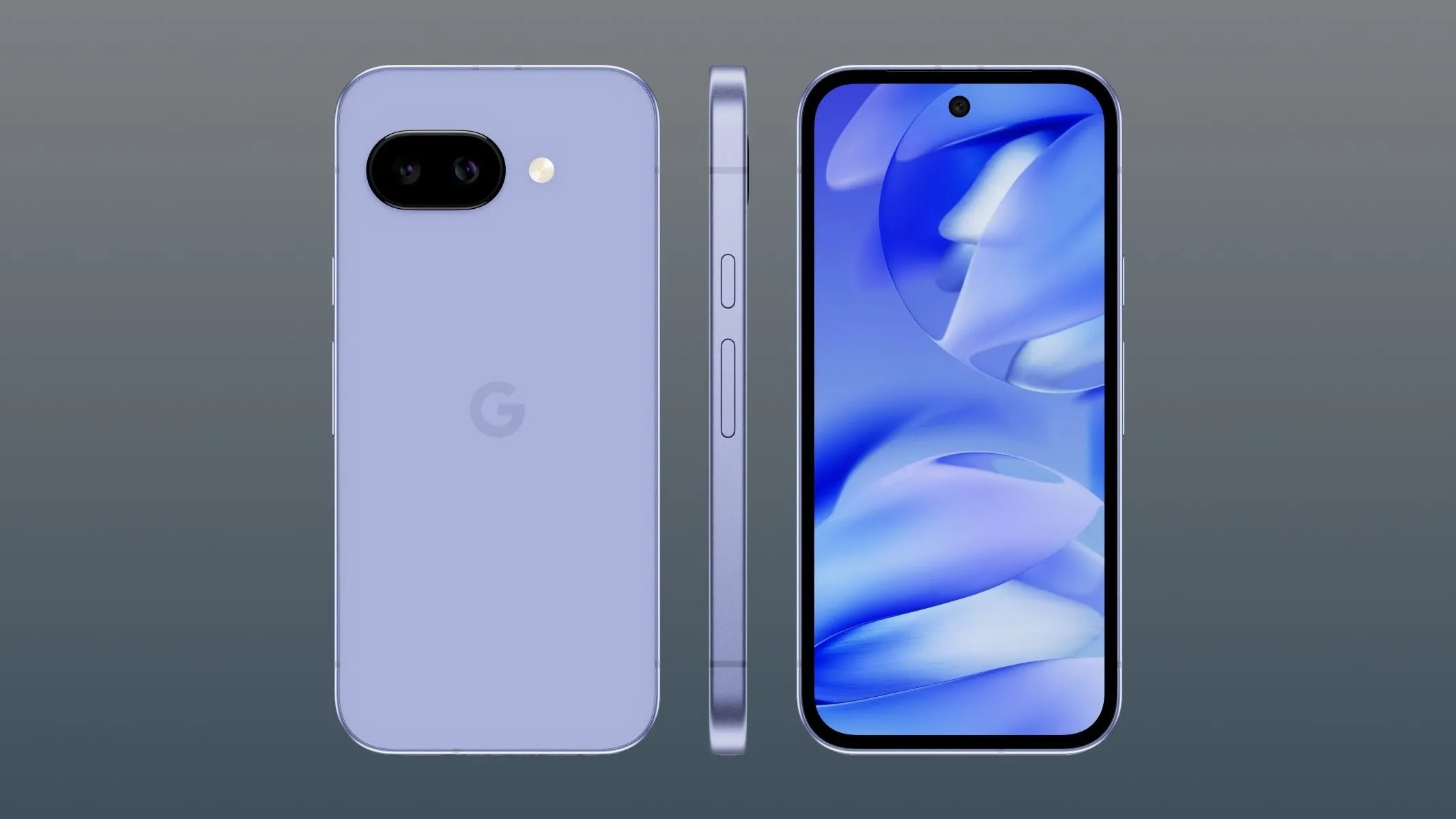 Ba chiếc điện thoại Google Pixel 9a được trưng bày từ các góc nhìn khác nhau: mặt trước, mặt sau và cạnh bên, làm nổi bật thiết kế tổng thể