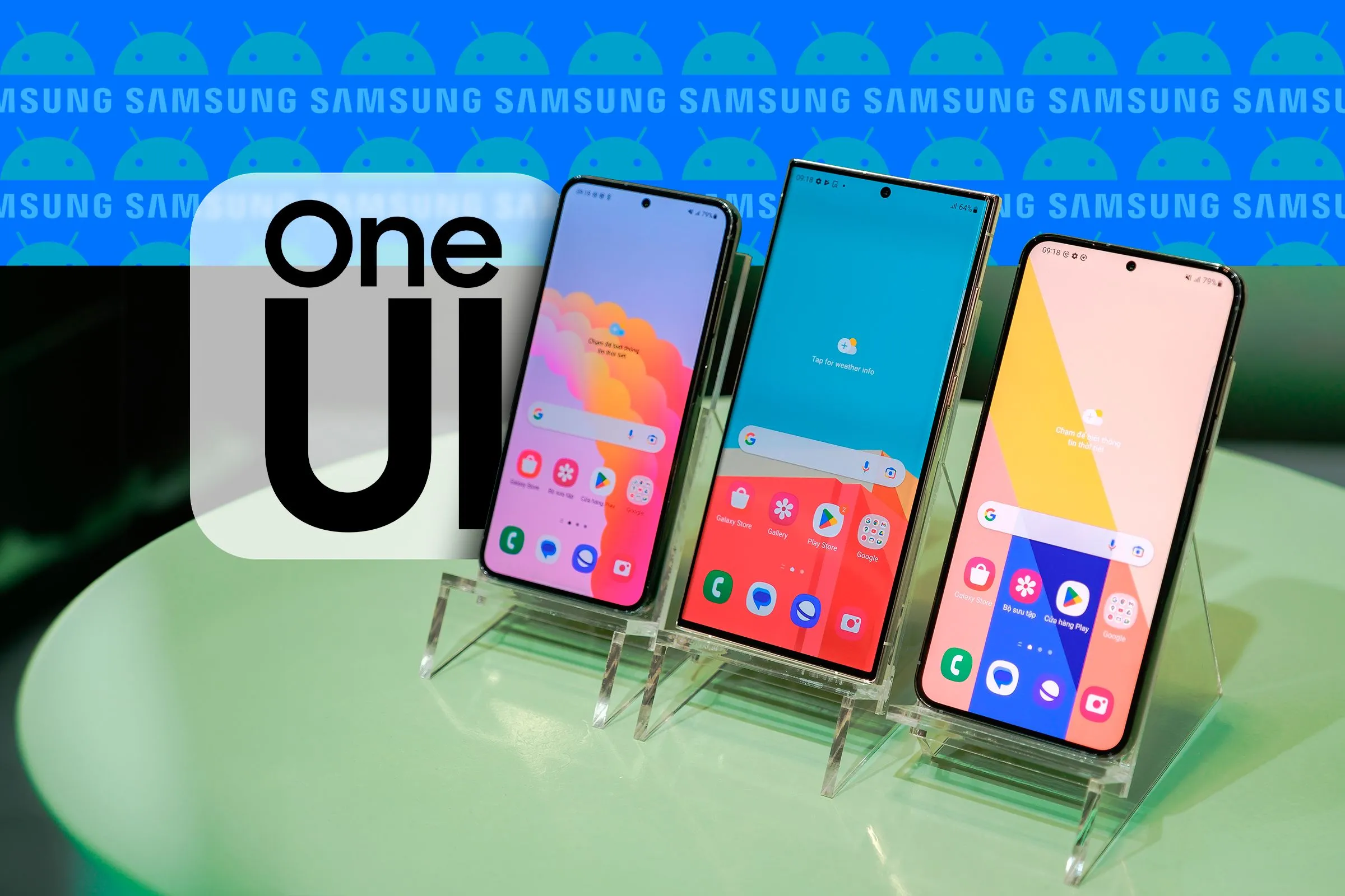 Ba điện thoại Samsung Galaxy với giao diện One UI và logo One UI, Samsung, Android