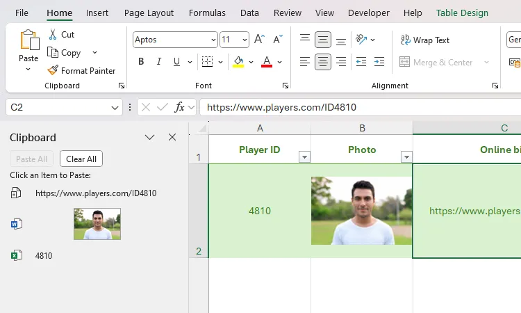 Bảng tính Excel hiển thị các mục trong ngăn Clipboard và các mục đó được dán vào các ô trong bảng tính