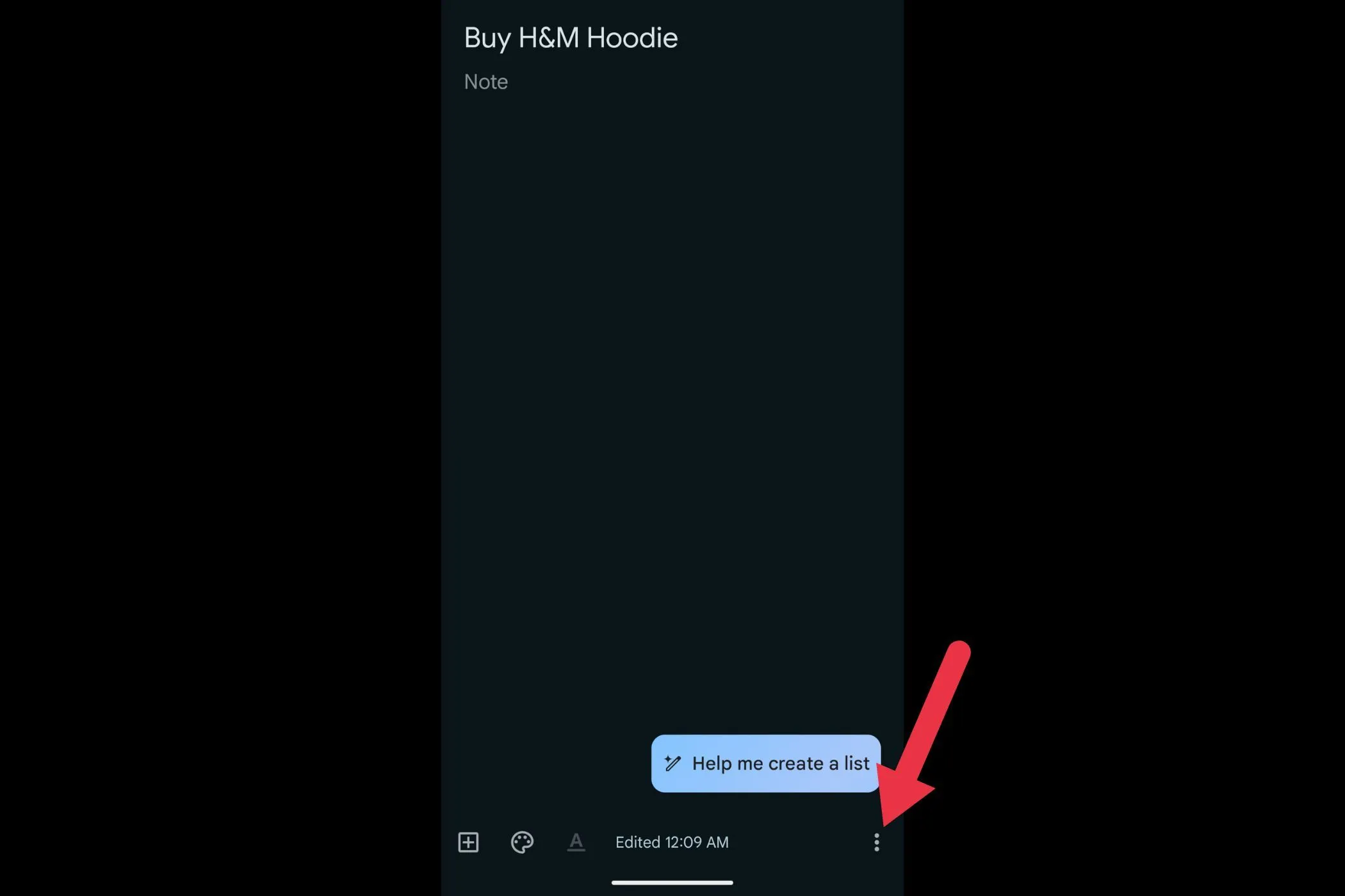 Biểu tượng ba chấm để mở menu tùy chọn trong ghi chú Google Keep