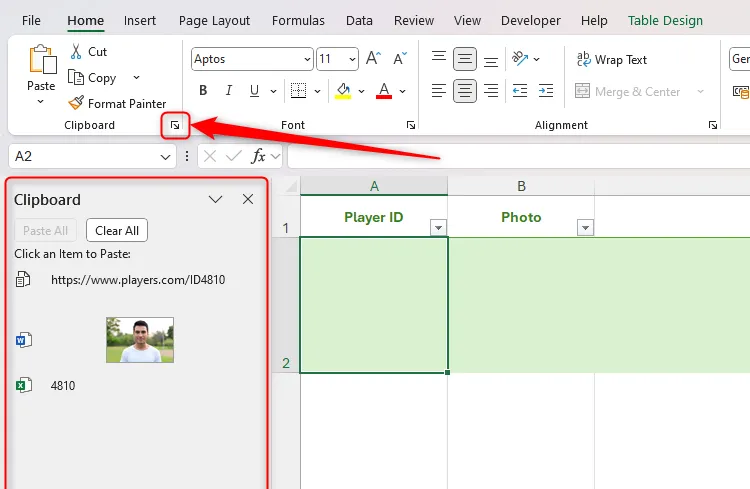 Biểu tượng mở ngăn Clipboard trong tab Home của Excel được chọn, hiển thị ngăn Clipboard ở bên trái cửa sổ Excel