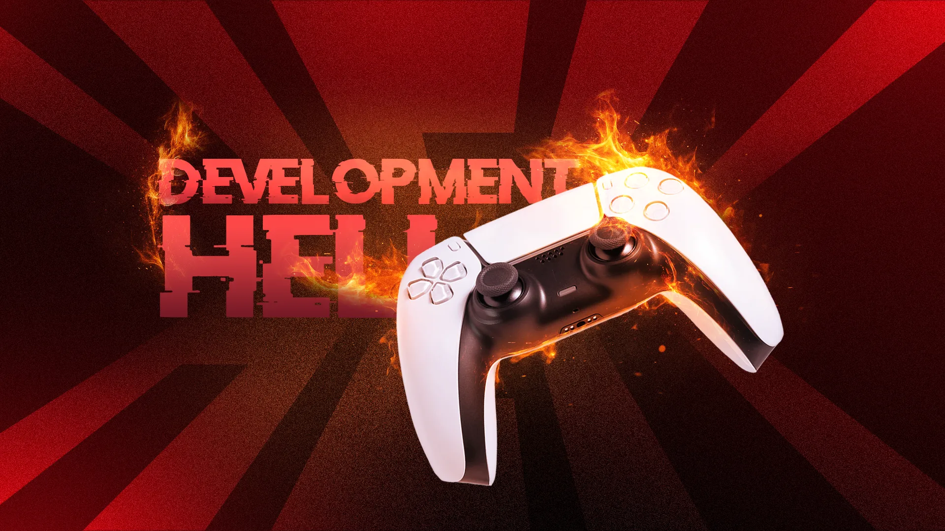 Bộ điều khiển trò chơi bốc cháy với dòng chữ &quot;development hell&quot; bên cạnh