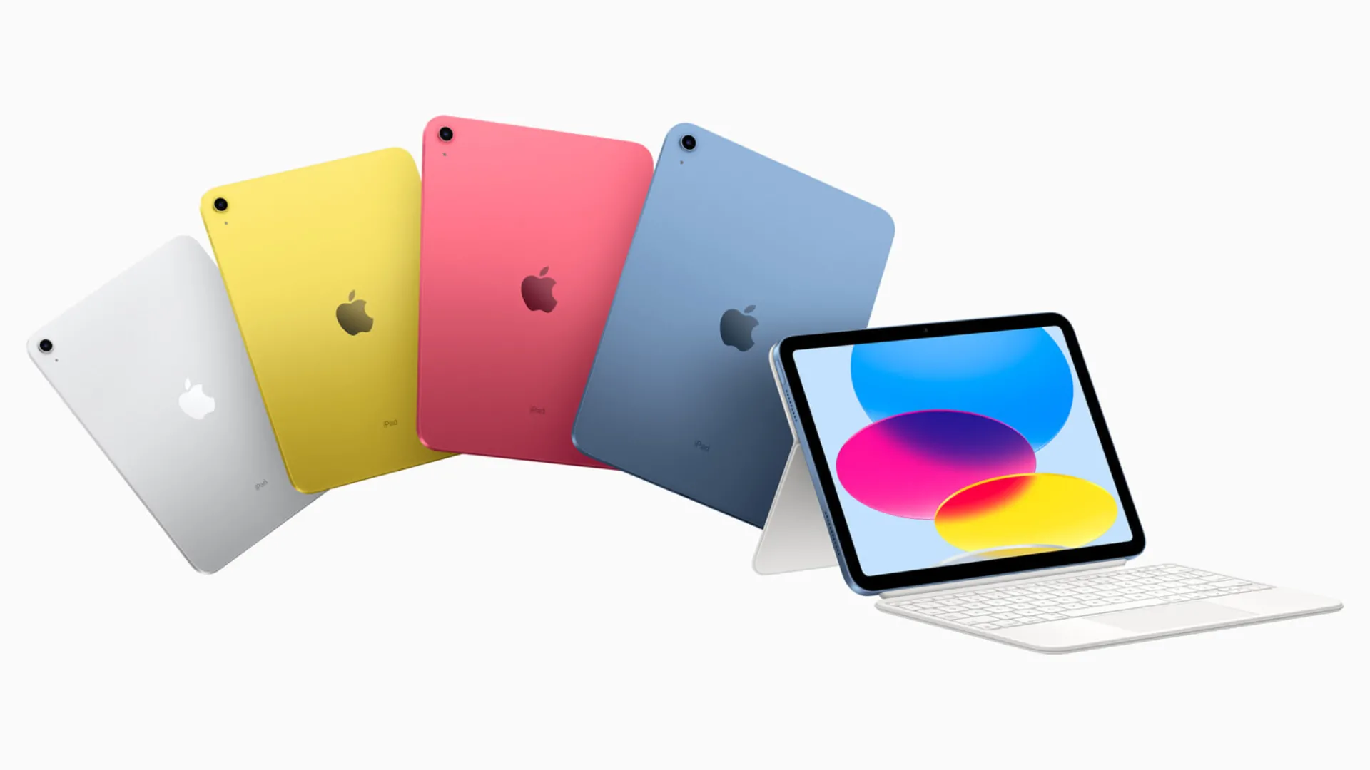 Bộ sưu tập các mẫu iPad tiêu chuẩn với nhiều màu sắc khác nhau, đặt trên nền xám.