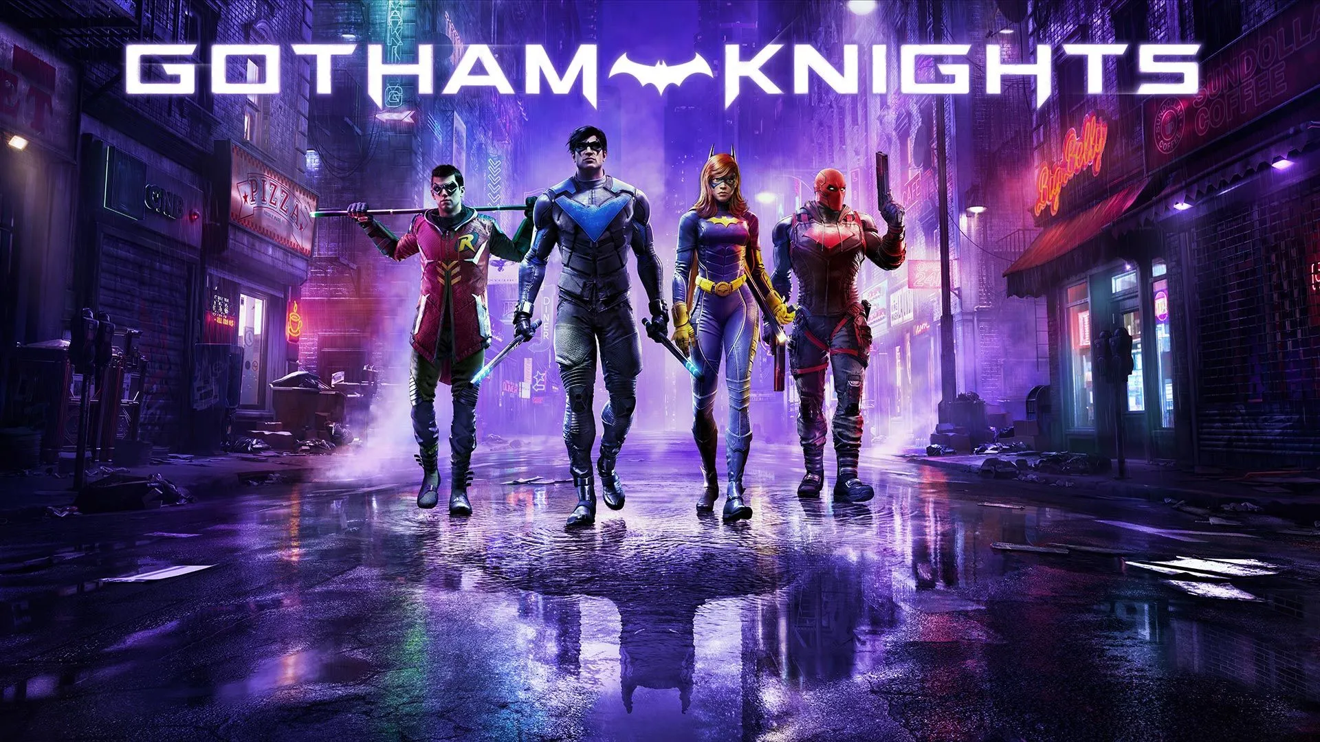 Bộ tứ bảo vệ Gotham trong Gotham Knights: Nightwing, Robin, Batgirl và Red Hood trên đường phố.