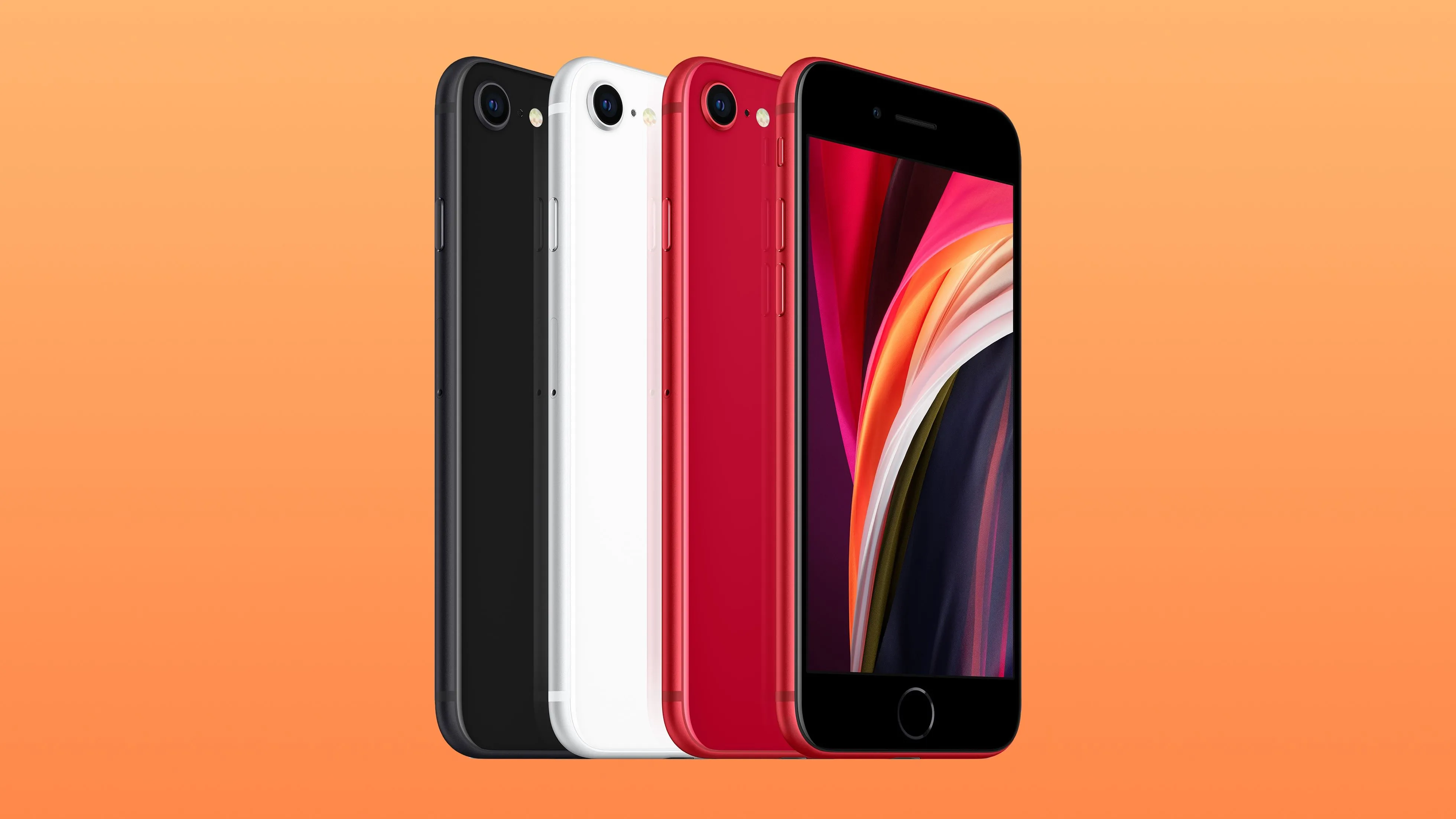 Bốn chiếc iPhone SE thế hệ thứ hai (năm 2020) với nhiều màu sắc khác nhau được chụp từ góc nhìn ngang, cho thấy thiết kế dựa trên iPhone 8