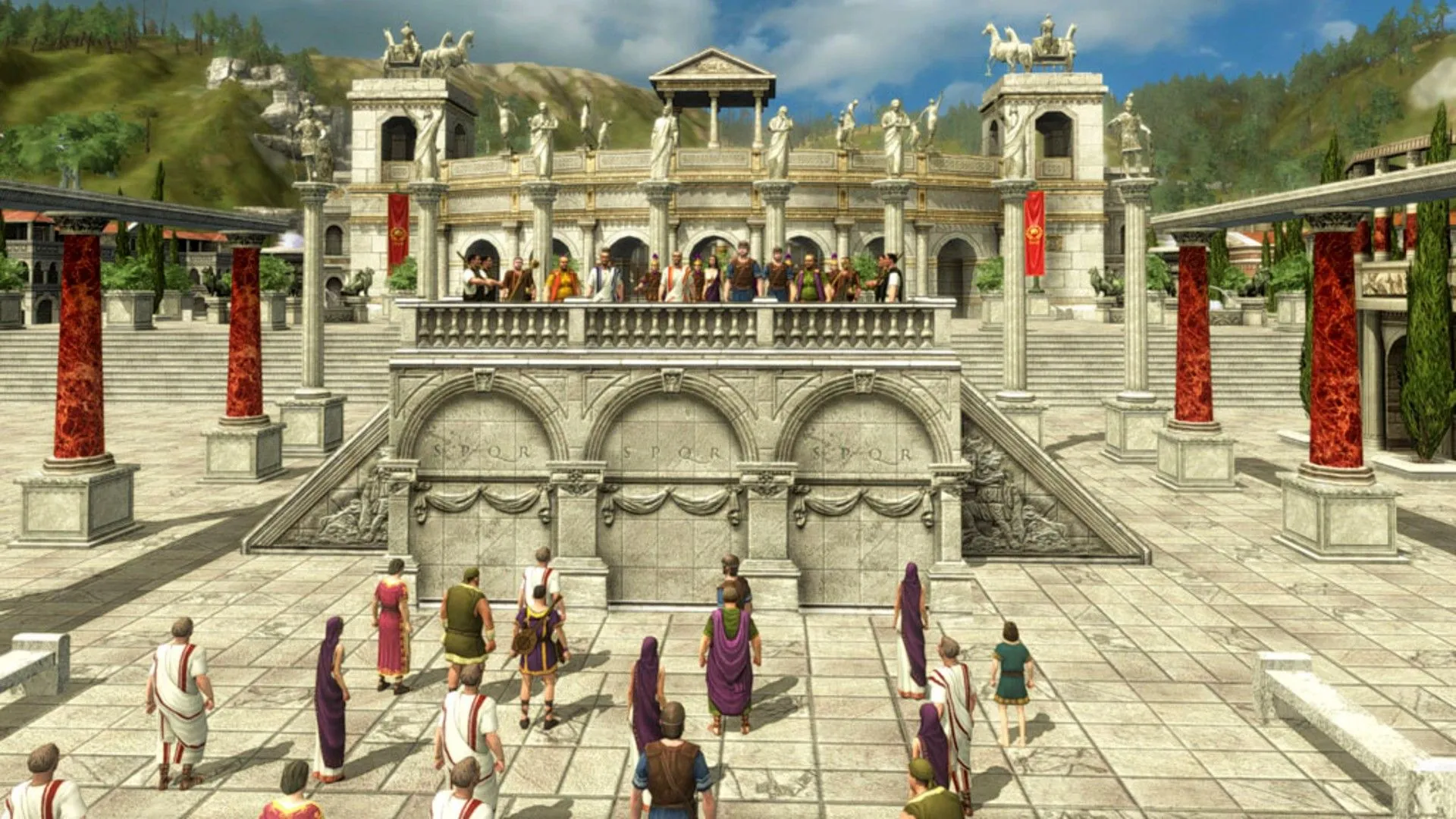 Các chính trị gia La Mã đang nói chuyện với dân chúng trong Grand Ages Rome, minh họa khía cạnh quản lý thành phố và tương tác xã hội trong game chiến thuật xây dựng.