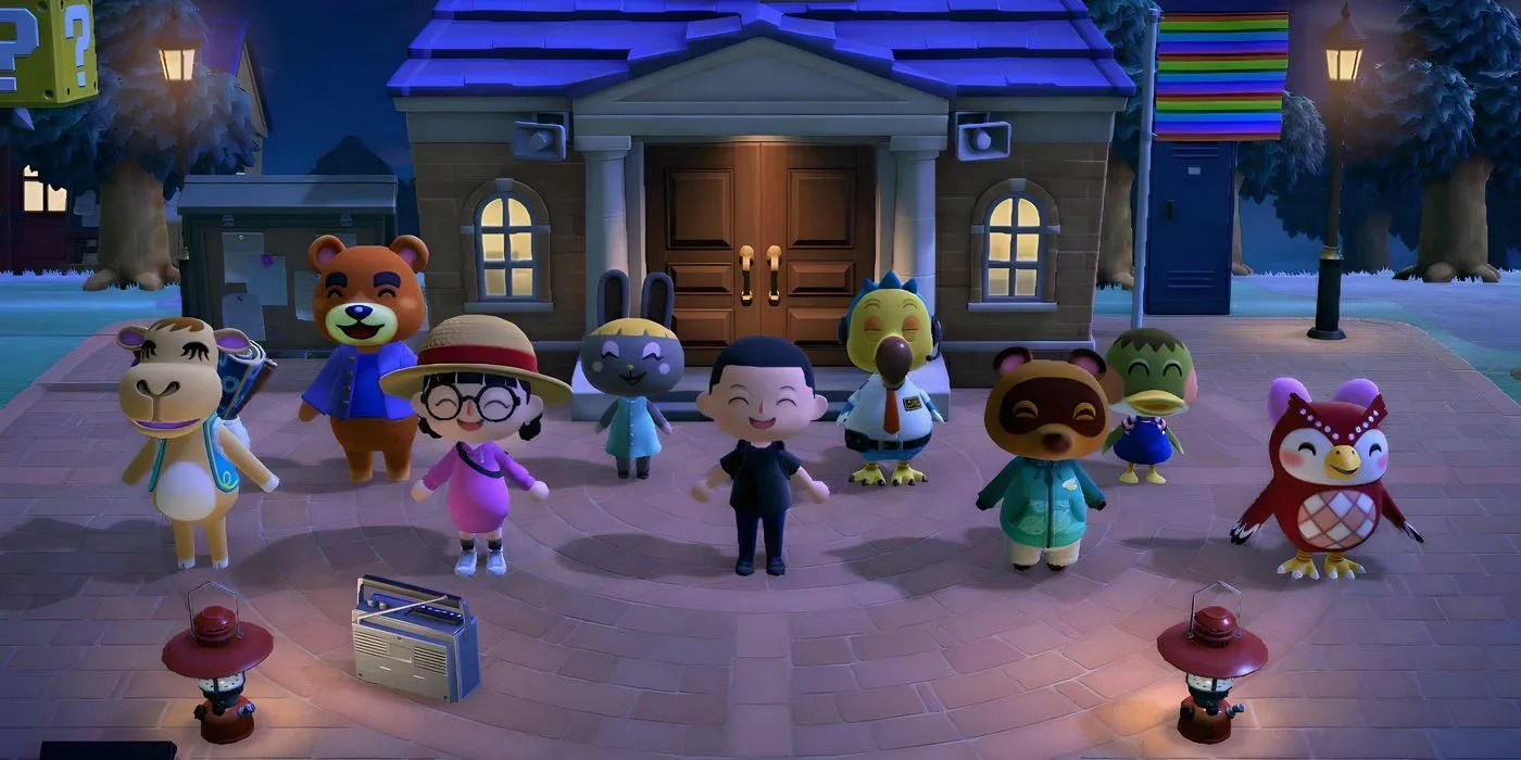 Các cư dân trong Animal Crossing: New Horizons cùng nhau tập thể dục tại quảng trường, thể hiện sự sôi động và gắn kết cộng đồng trong game mô phỏng cuộc sống.