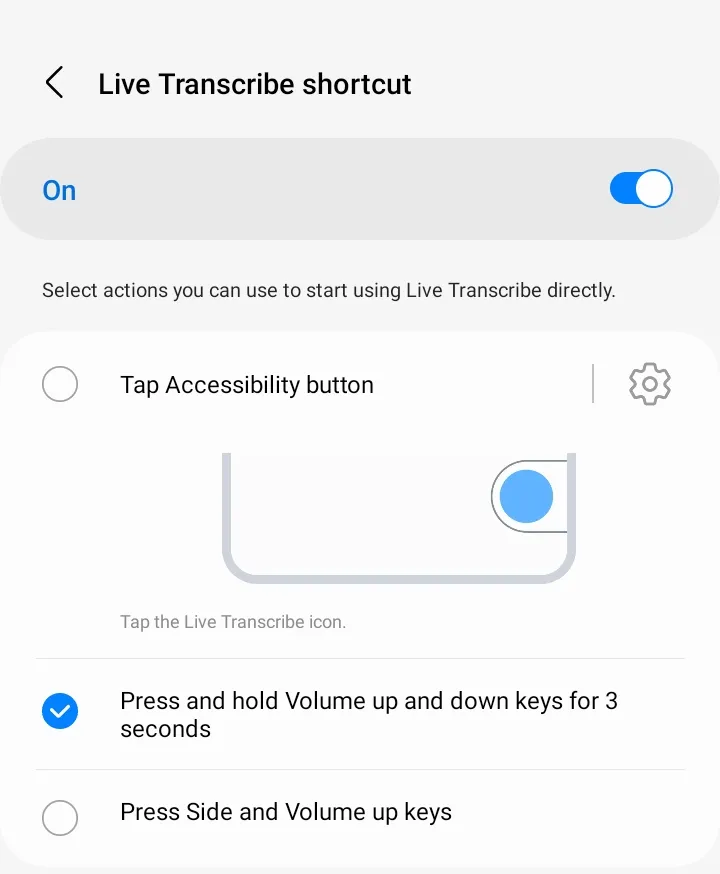 Các tùy chọn để kích hoạt lối tắt Live Transcribe bao gồm cử chỉ và phím cứng
