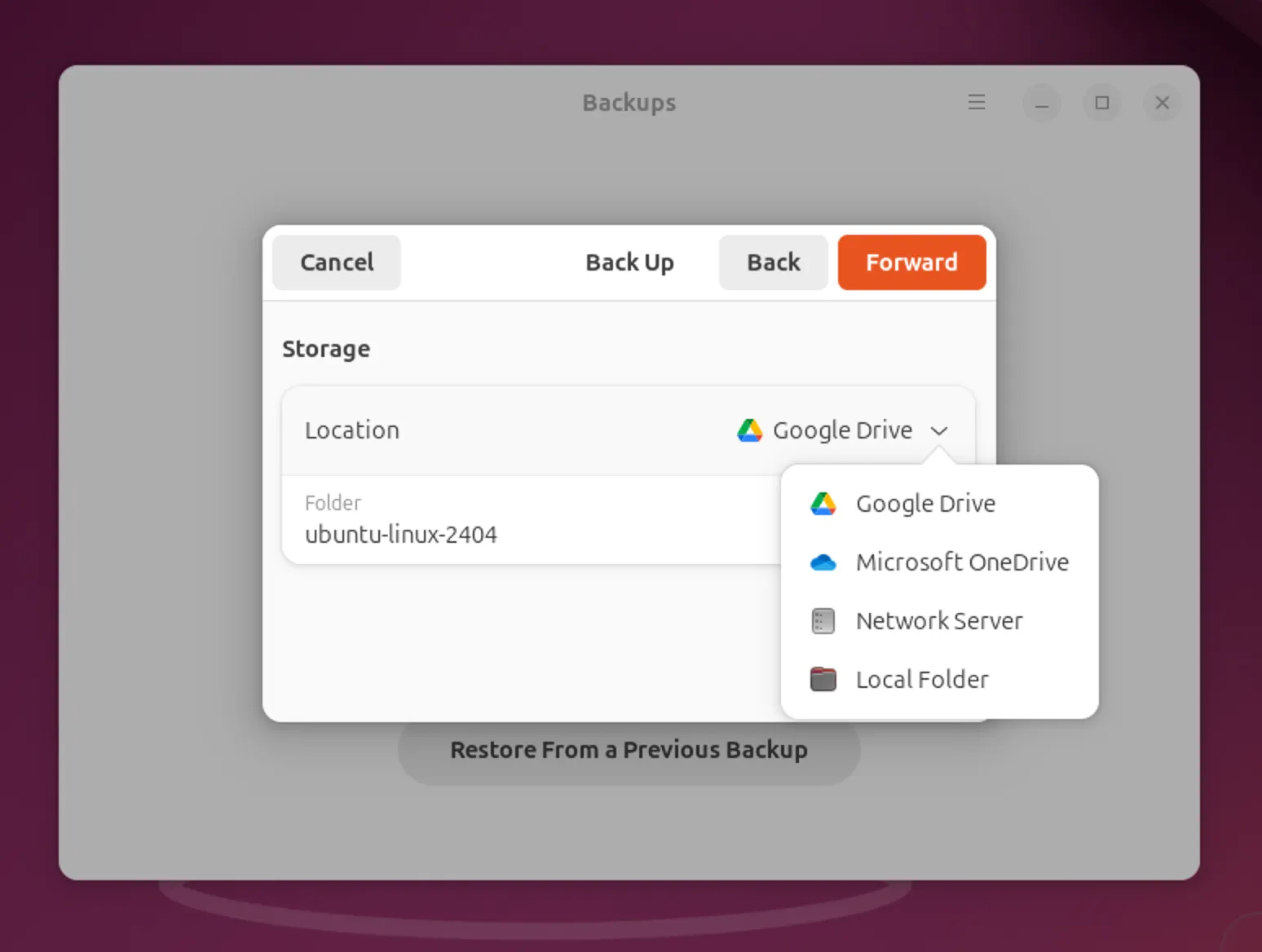 Các tùy chọn đích đến để lưu trữ bản sao lưu Ubuntu như ổ đĩa ngoài hoặc đám mây