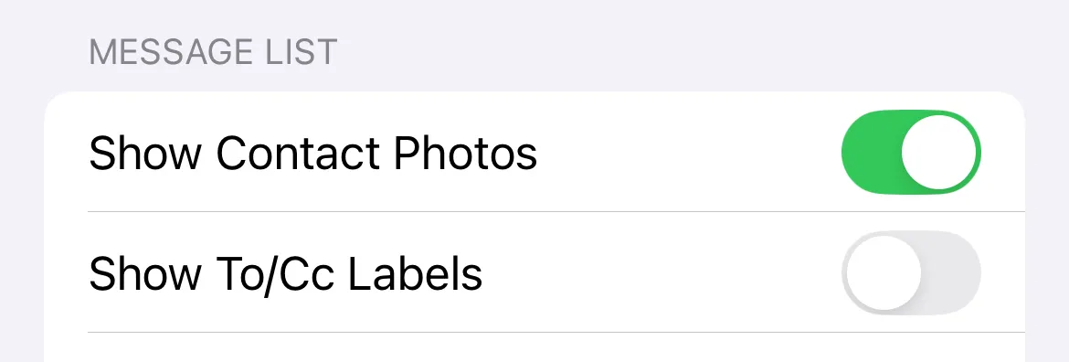 Cách tắt hiển thị ảnh liên hệ trong chế độ hộp thư đến Apple Mail trên iPhone.