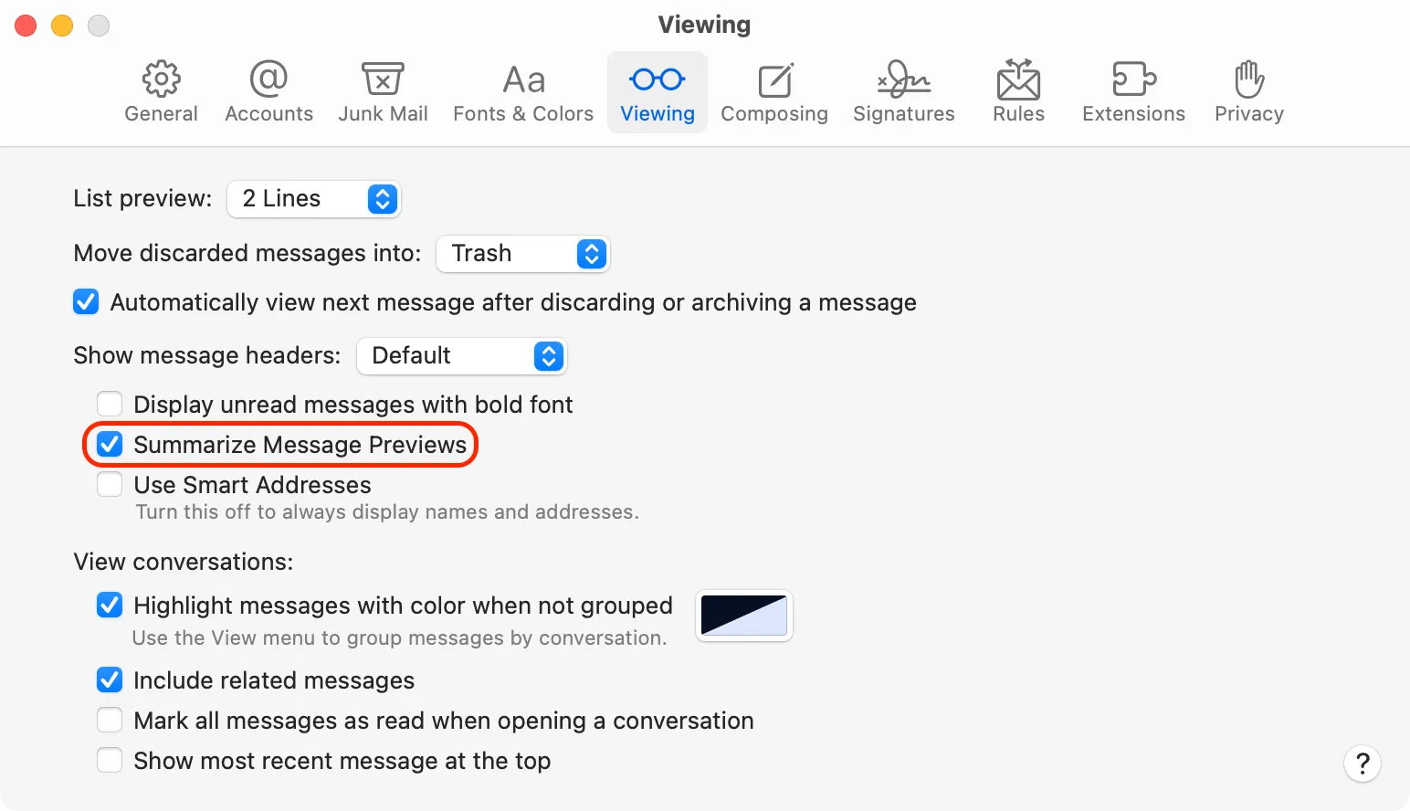 Cài đặt Mail trên Mac để tắt tính năng tóm tắt xem trước tin nhắn trong giao diện hộp thư đến.