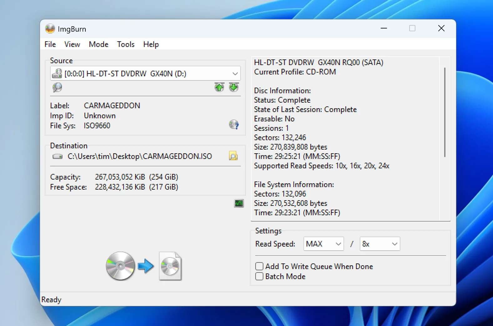 Cài đặt sao chép đĩa trong ImgBurn, chọn ổ đĩa nguồn và nơi lưu file ISO