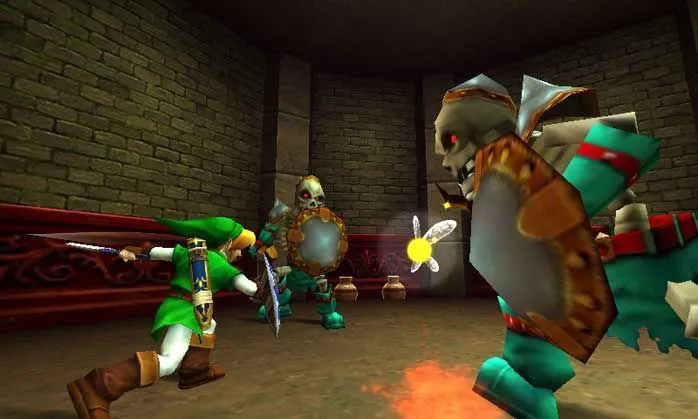 Cận cảnh giao diện Link câu cá trong The Legend of Zelda: Ocarina of Time 3D, hiển thị con cá đang cắn câu