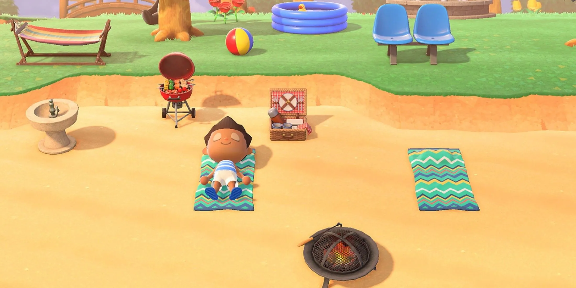 Cảnh bãi biển rực rỡ trong Animal Crossing: New Horizons với nhân vật đang câu cá bên bờ biển, gợi cảm giác thư giãn của kỳ nghỉ hè.