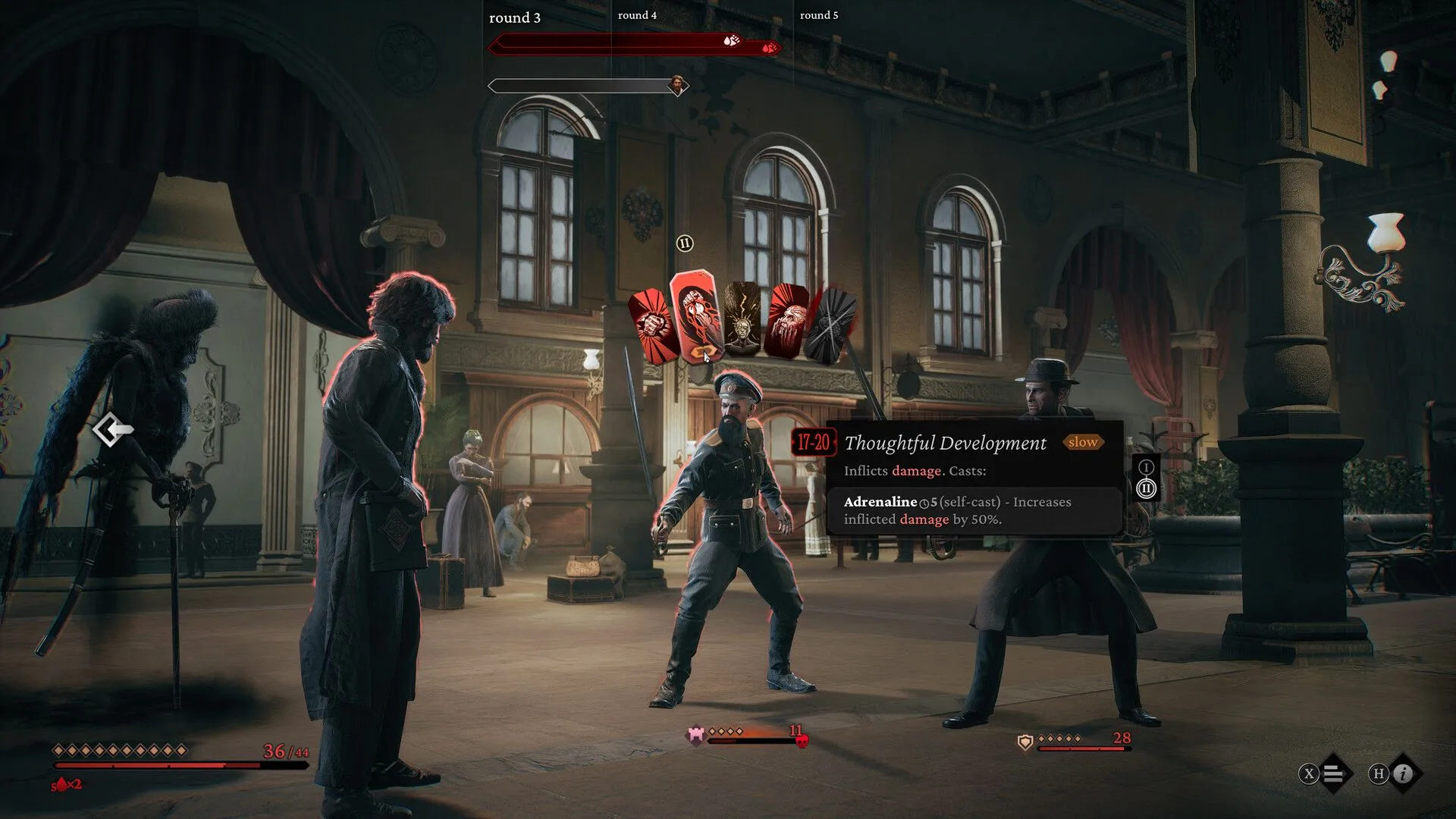 Cảnh chiến đấu trong The Thaumaturge, một game RPG theo lượt độc lập với chủ đề thám tử và yếu tố huyền bí