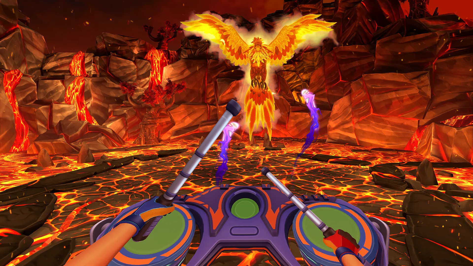 Cảnh chiến đấu với chim phượng hoàng lửa trong game Fitness Fables VR, thể hiện gameplay tập luyện năng động.