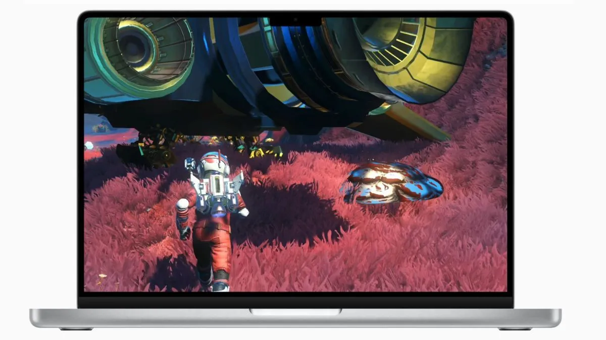 Cảnh chơi game No Man's Sky trên Mac, minh họa hiệu suất game ấn tượng với công nghệ MetalFX của Apple
