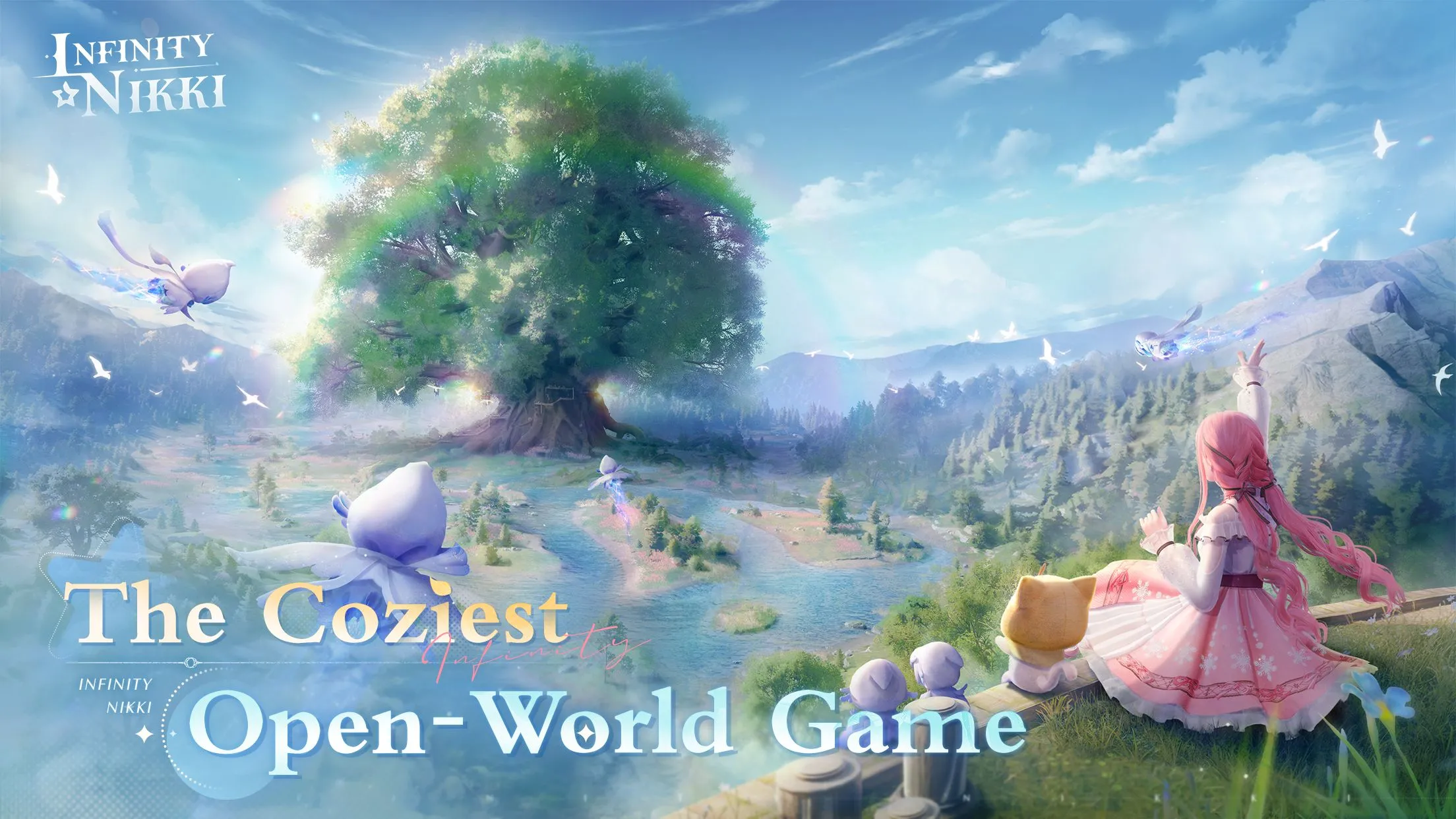 Cảnh game Infinity Nikki với Nikki đứng giữa phong cảnh Miraland huyền ảo