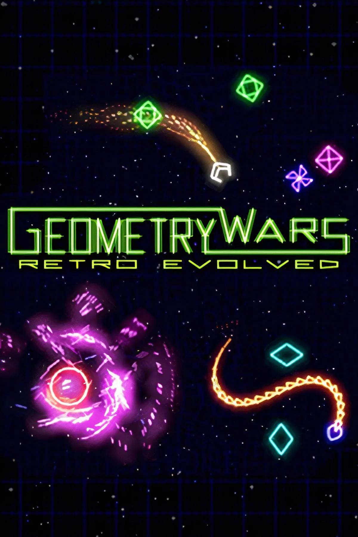 Cảnh gameplay của Geometry Wars: Retro Evolved, với tàu không gian bắn phá kẻ thù hình học