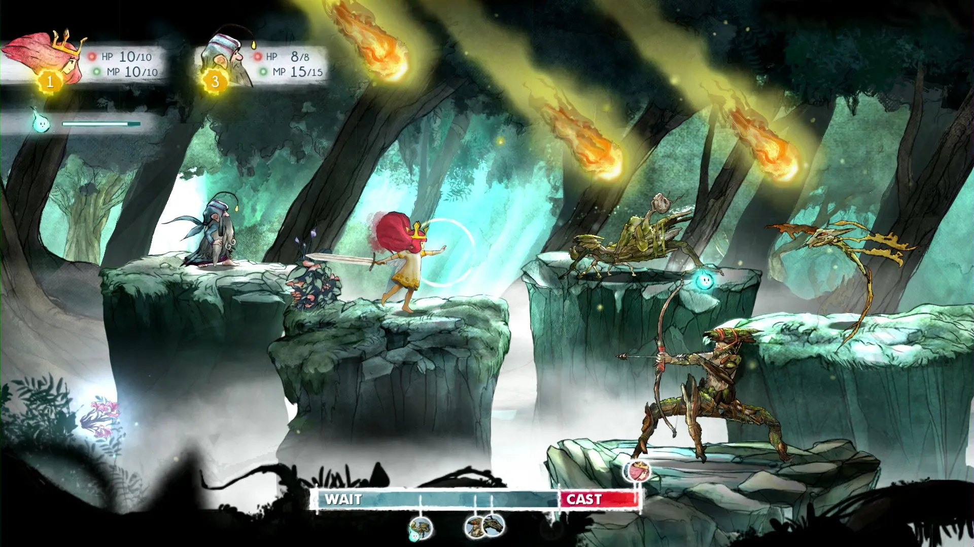 Cảnh gameplay nghệ thuật từ Child of Light, một game RPG theo lượt có thời lượng chơi vừa phải