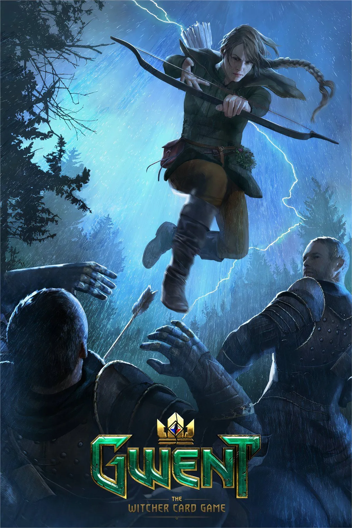 Cảnh Geralt đang chơi Gwent trong The Witcher 3: Wild Hunt, thể hiện giao diện bàn chơi và các quân bài chiến thuật