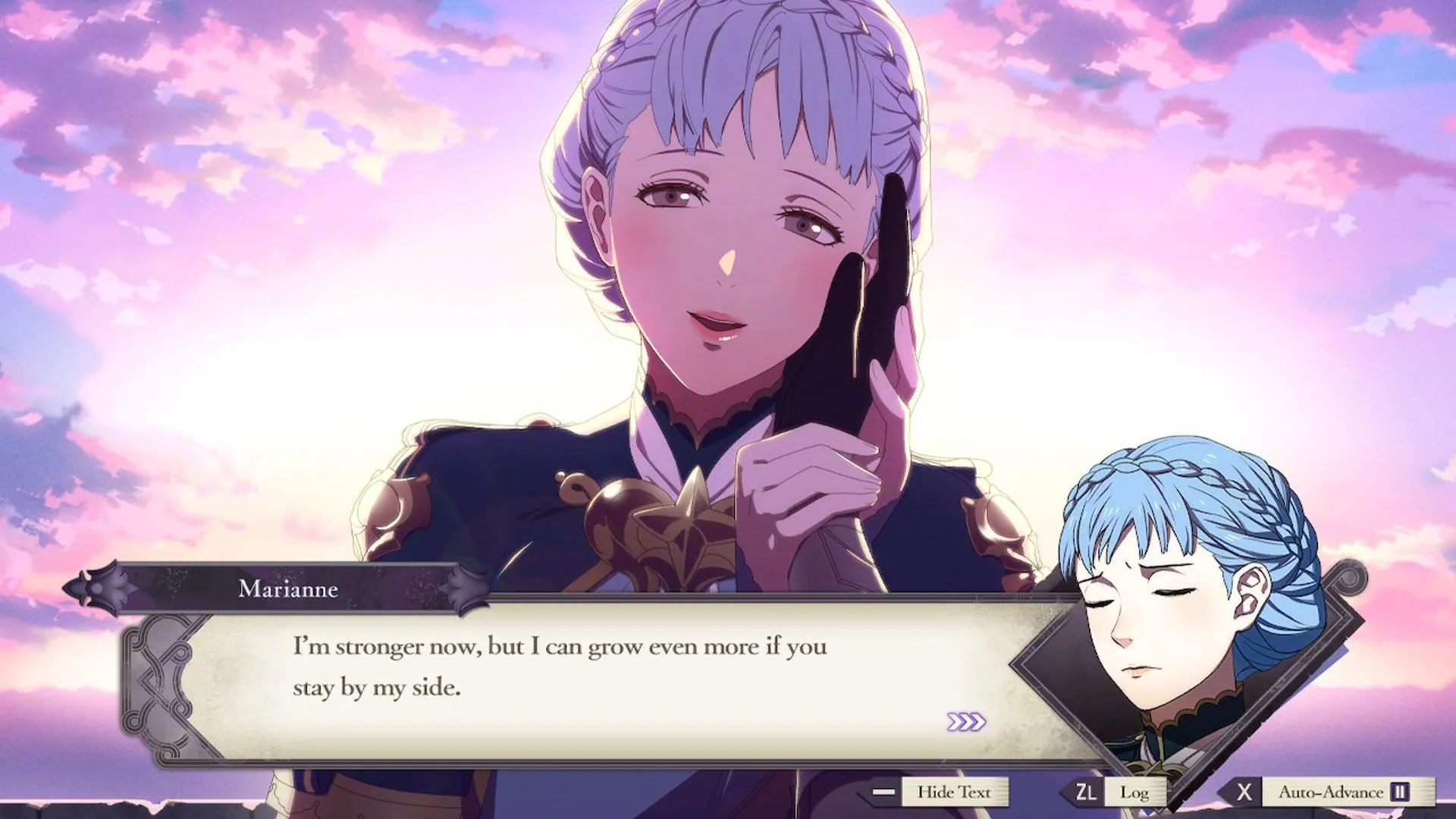 Cảnh lãng mạn giữa Byleth và Marianne trong Fire Emblem: Three Houses, mang lại cảm giác hài lòng khi chứng kiến nhân vật hạnh phúc.