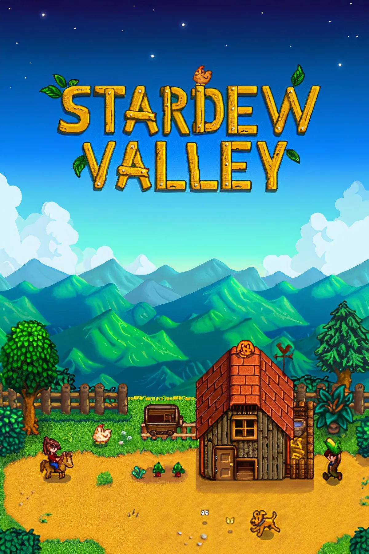 Cảnh quan nông trại và làng Pelican Town trong Stardew Valley, thể hiện lối chơi mô phỏng nông trại và yếu tố RPG
