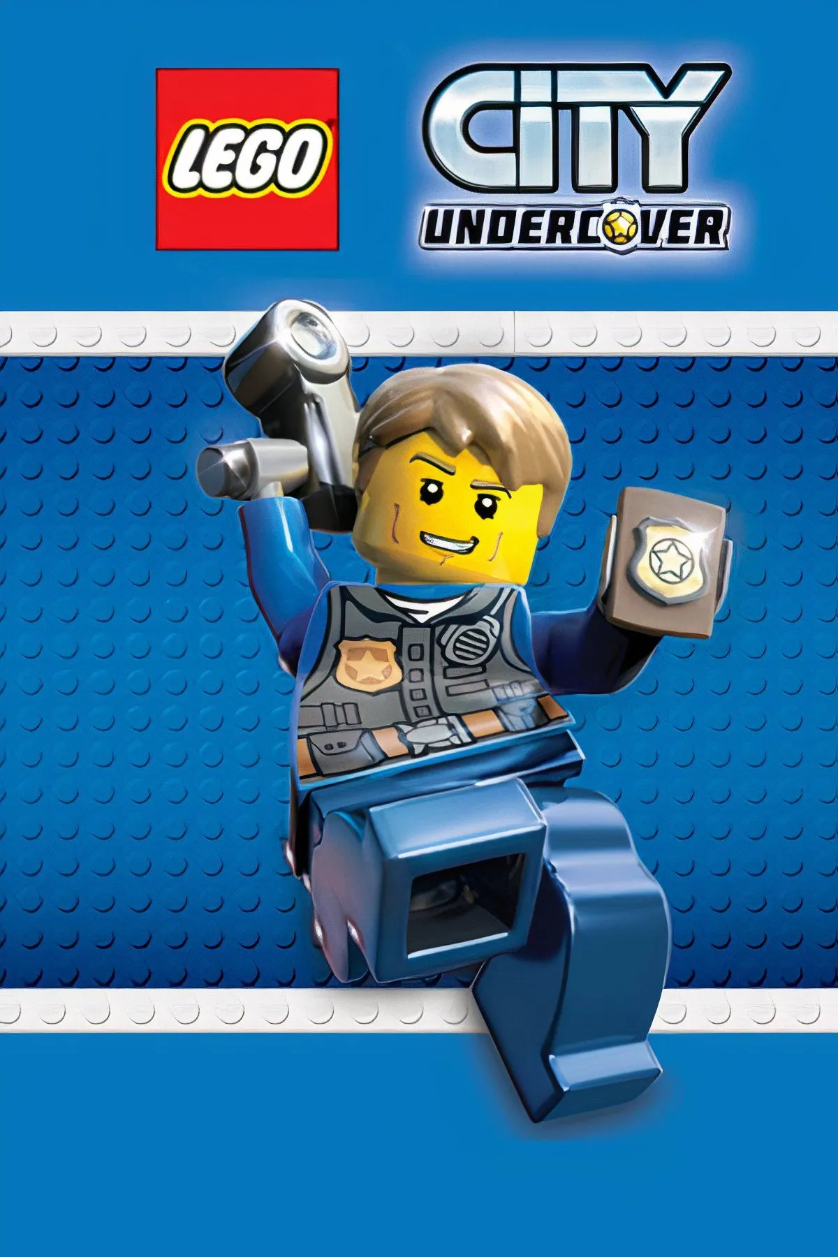 Chase McCain trong bộ cảnh sát LEGO City Undercover chuẩn bị nhảy lên xe hơi, thể hiện yếu tố hành động phiêu lưu thế giới mở