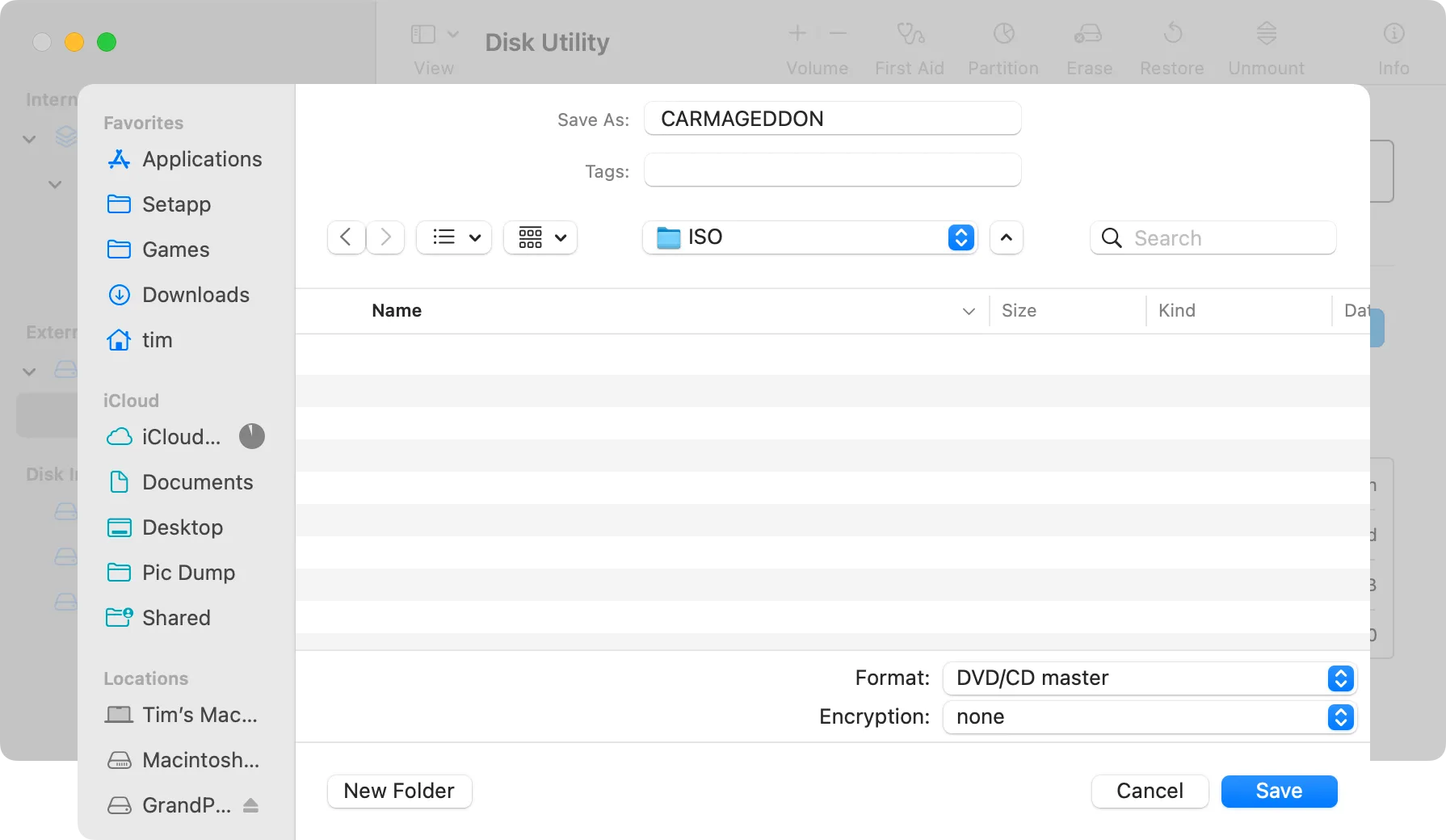 Chọn vị trí lưu và định dạng file ảnh CD/DVD master trong Disk Utility trên Mac