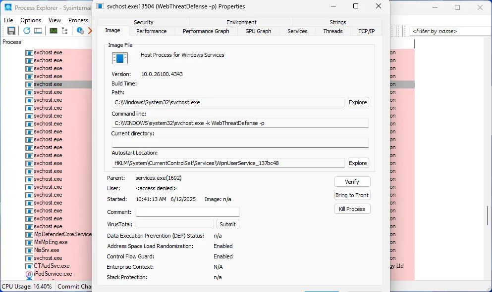 Cửa sổ Properties hiển thị thông tin chi tiết của một tiến trình trong Process Explorer