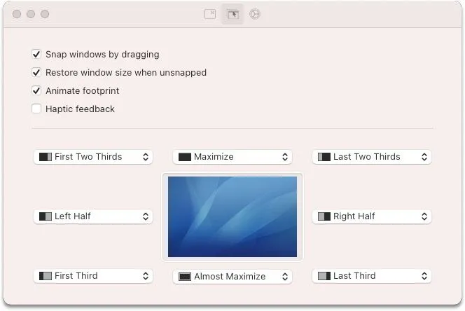 Cửa sổ ứng dụng Rectangle trên macOS hiển thị các tùy chọn kéo thả và sắp xếp bố cục cửa sổ linh hoạt trên màn hình.