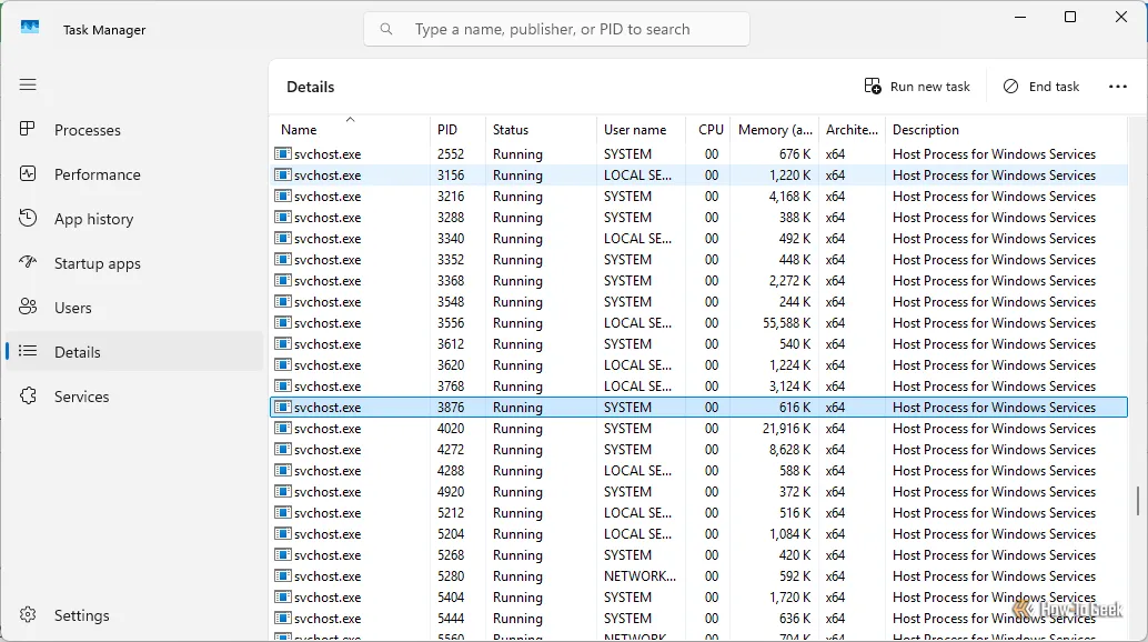 Danh sách các tiến trình svchost.exe mơ hồ trong Task Manager