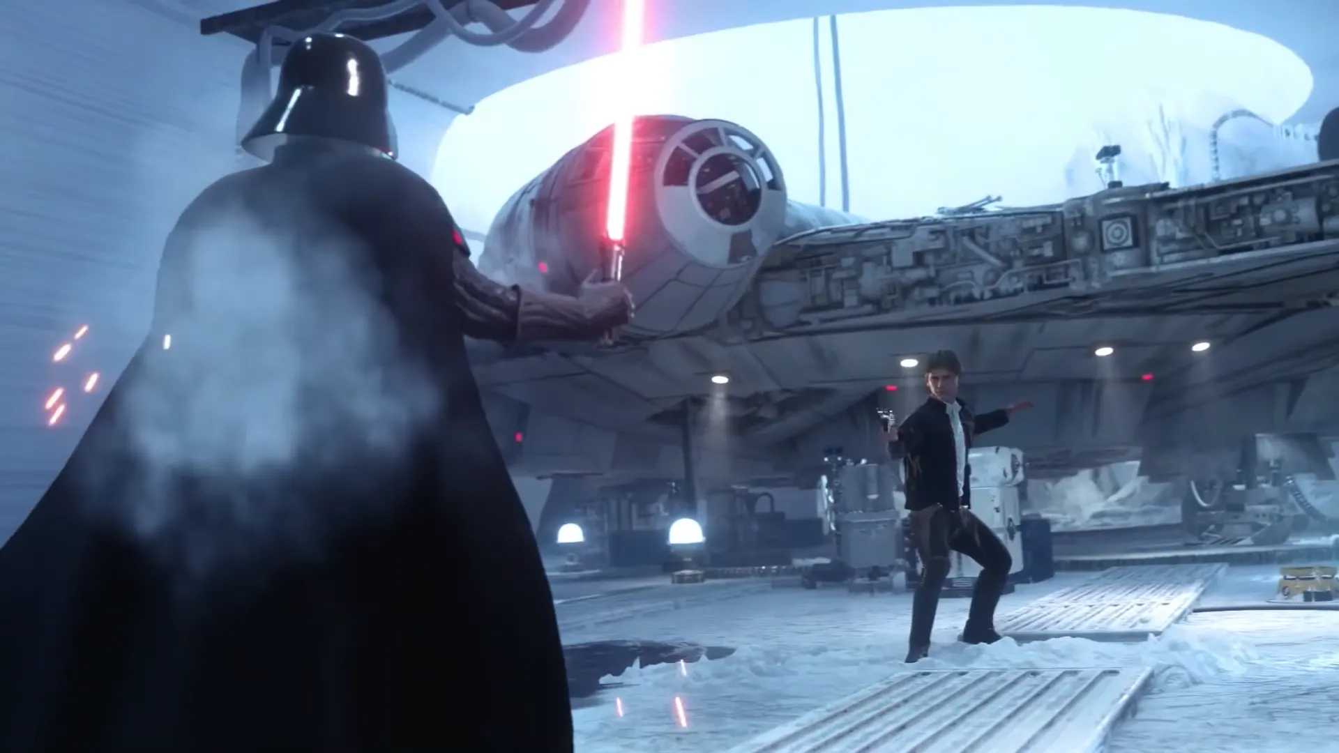 Darth Vader tiếp cận Han Solo trong Star Wars Battlefront.