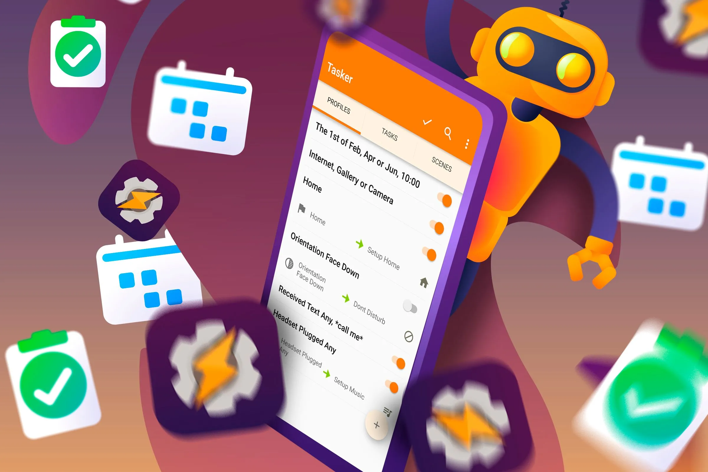 Điện thoại Android với các biểu tượng tự động hóa tác vụ, minh họa khả năng điều khiển thông minh bằng Tasker