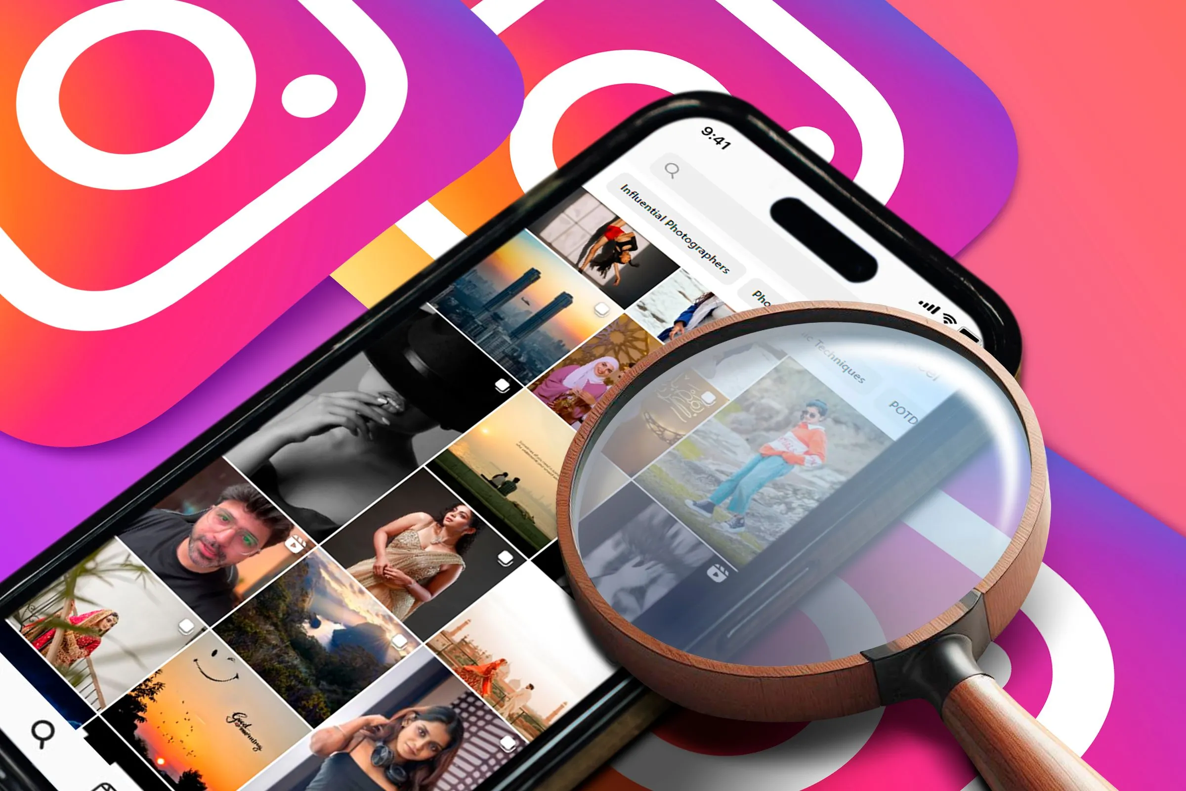 Điện thoại với trang Khám phá của Instagram và biểu tượng kính lúp, thể hiện nhu cầu cải thiện chức năng tìm kiếm của nền tảng.
