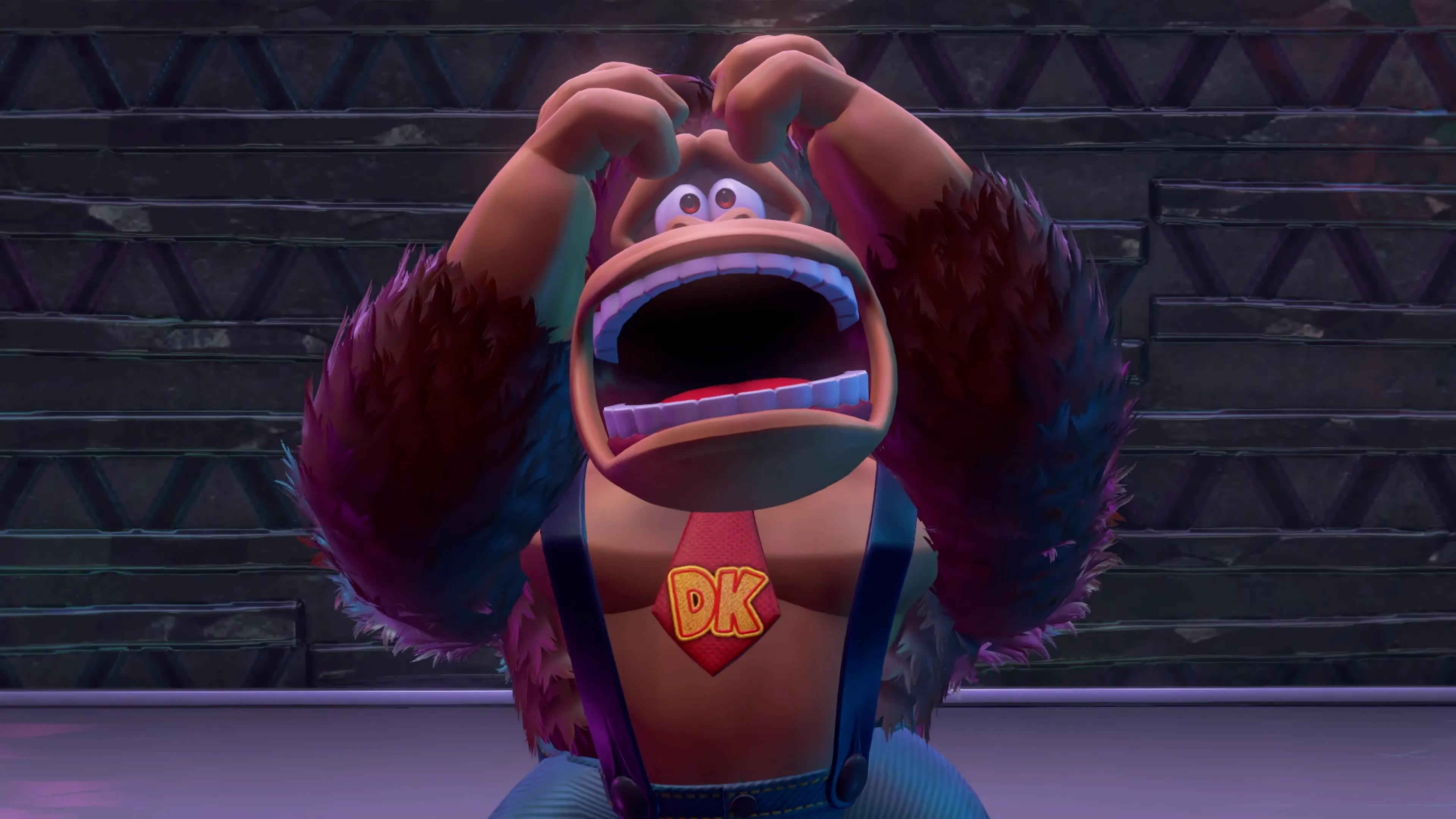 Donkey Kong biểu cảm đau khổ trong game Donkey Kong Bananza.