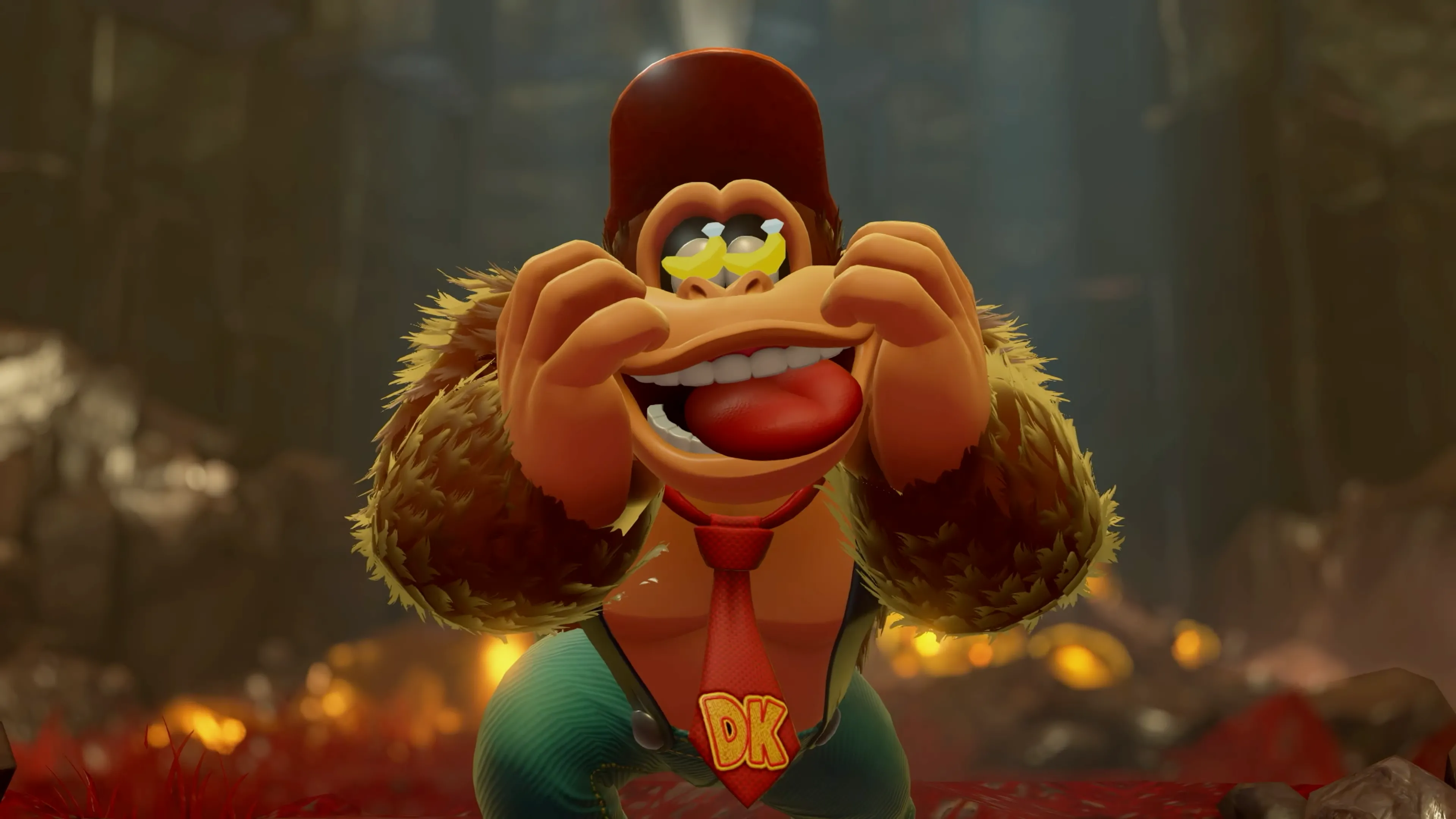 Donkey Kong biểu cảm say mê với chuối trong mắt trong game Donkey Kong Bananza.