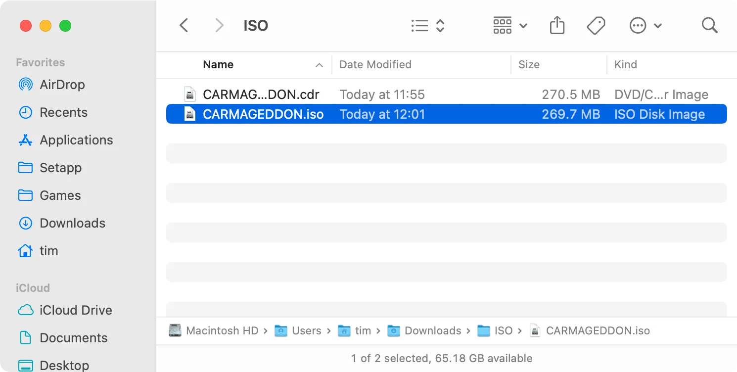 File CDR và file ISO đã được tạo thành công hiển thị trong Finder trên macOS