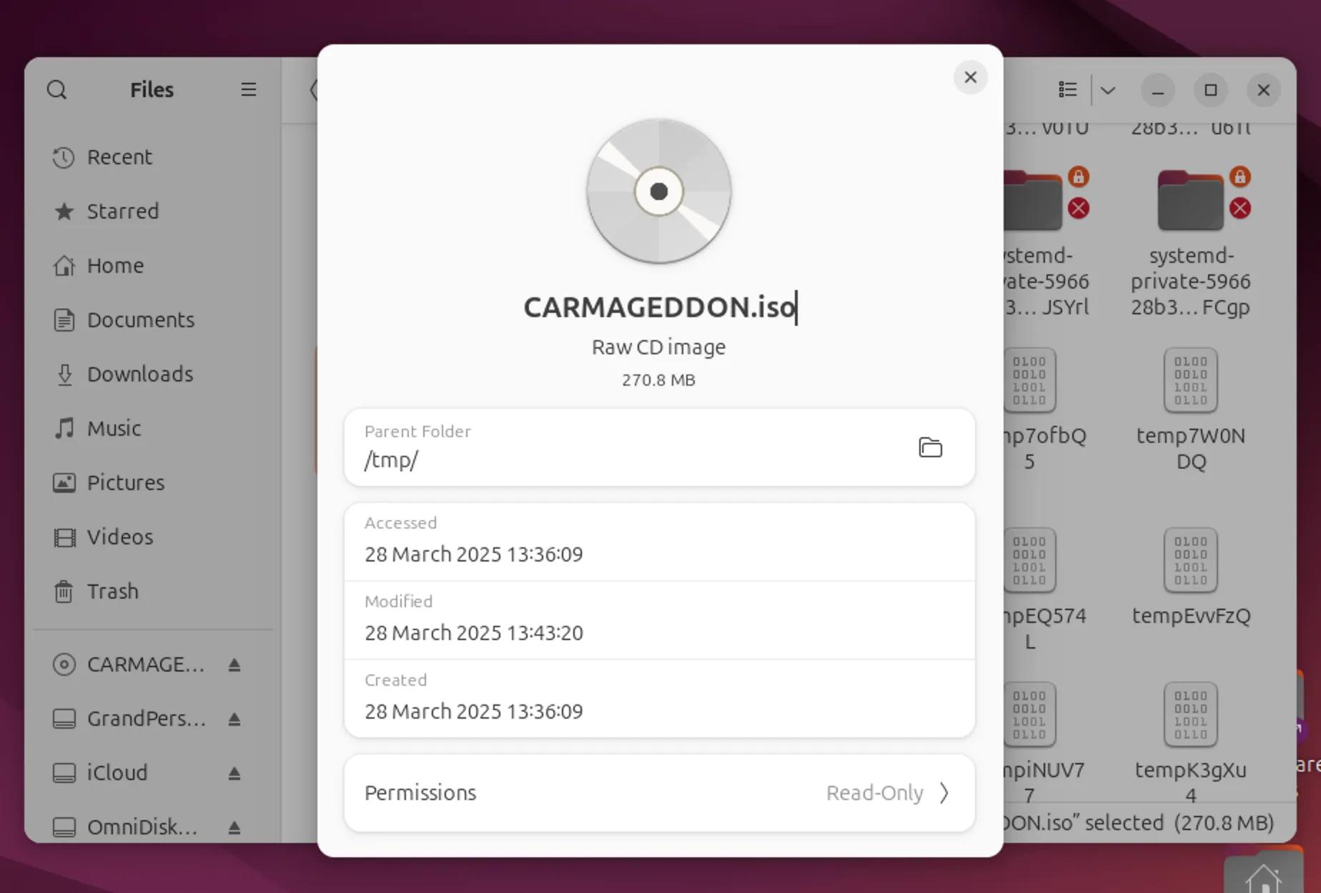 File ISO đã được tạo thành công hiển thị trong hệ điều hành Ubuntu Linux