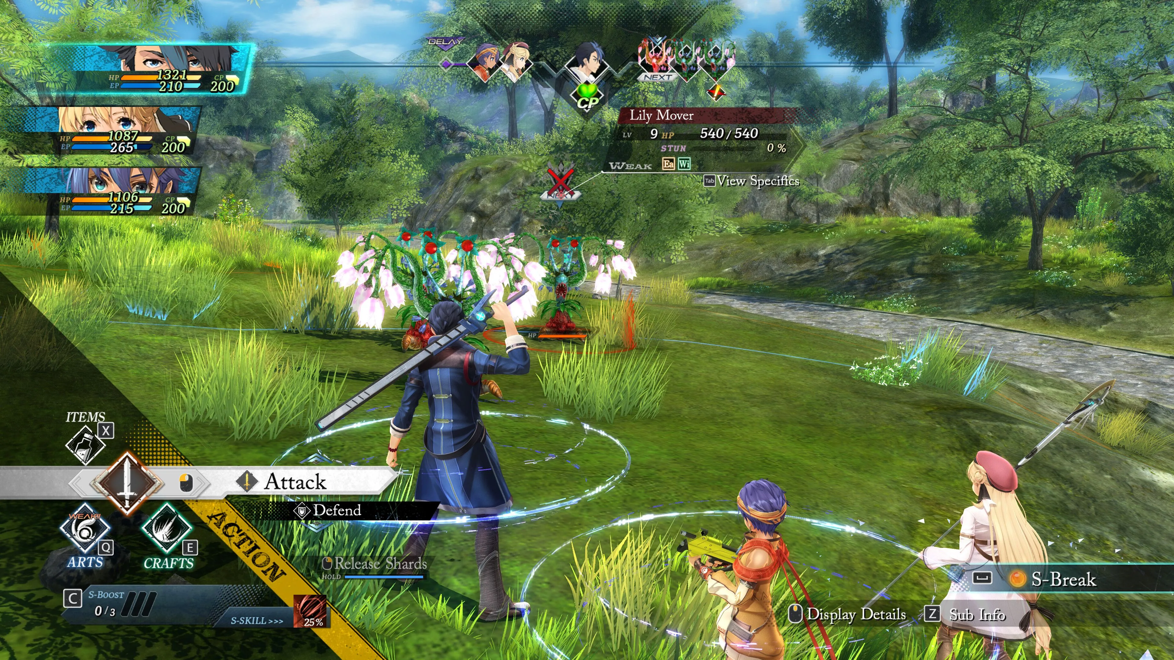 Gameplay từ The Legend of Heroes: Trails Through Daybreak, minh họa game RPG theo lượt với cốt truyện liên kết phức tạp