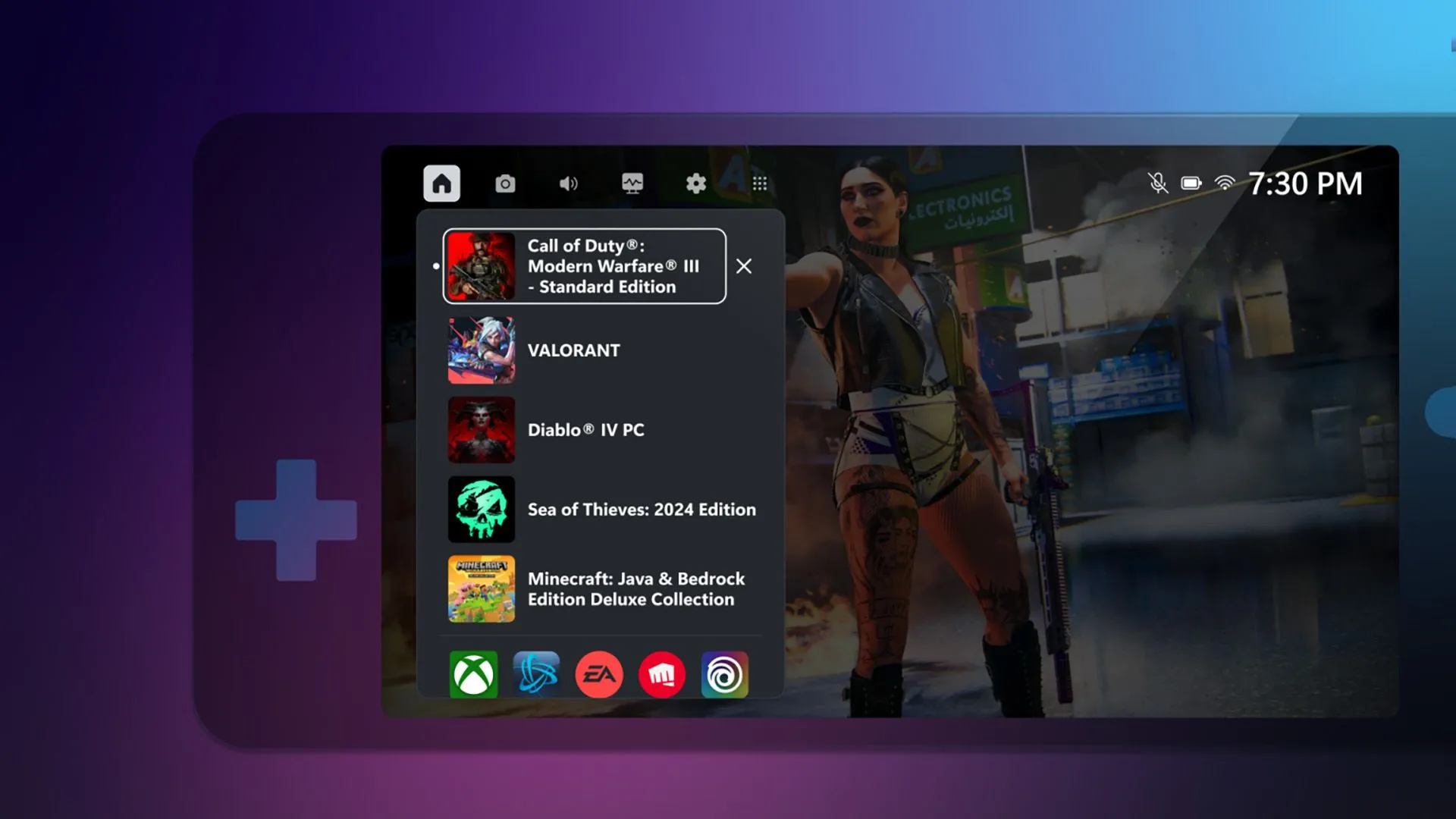 Giao diện chọn game trên một thiết bị PC cầm tay, minh họa ứng dụng Xbox Game Bar được cập nhật.