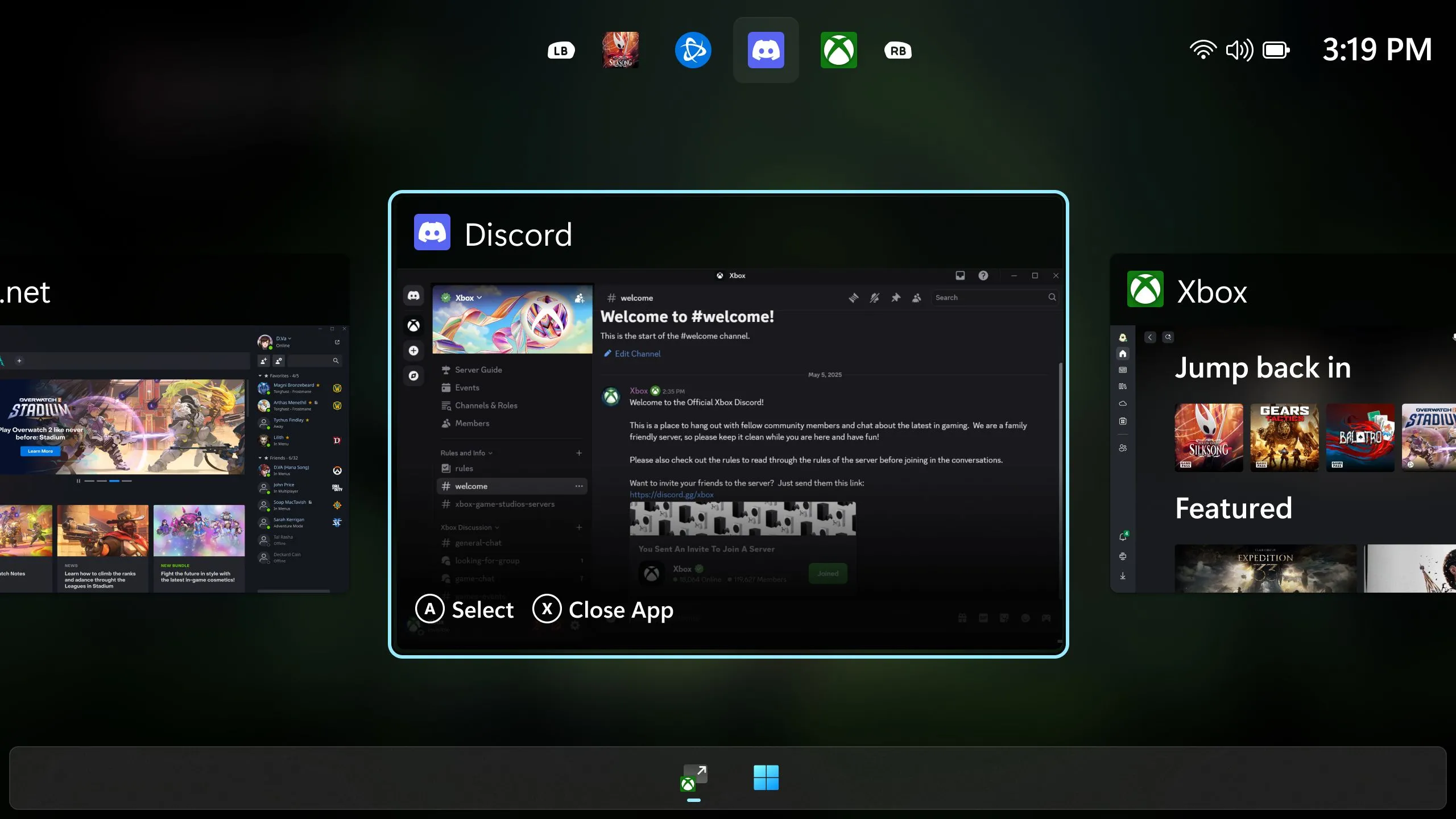 Giao diện chuyển đổi tác vụ thân thiện với tay cầm trên Windows Xbox, tăng cường trải nghiệm người dùng.